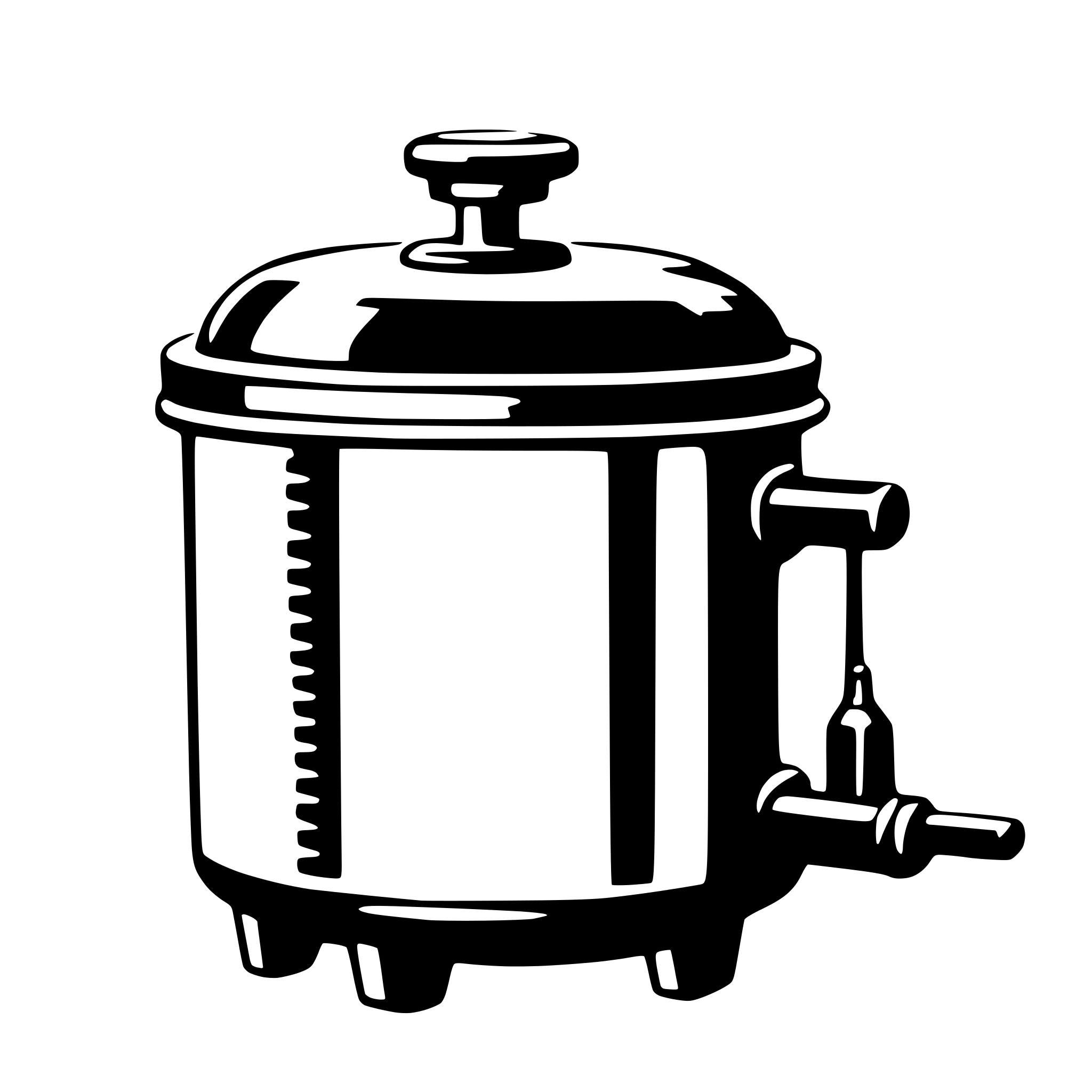 The SVG shows a simple, stylized illustration of a pressure cooker. The pressure cooker has a cylindrical body with a rounded lid, a handle on the side, and a spout at the front. The illustration is in black and white, with no additional details or text. The pressure cooker appears to be a functional kitchen appliance, commonly used for cooking food under pressure. 
