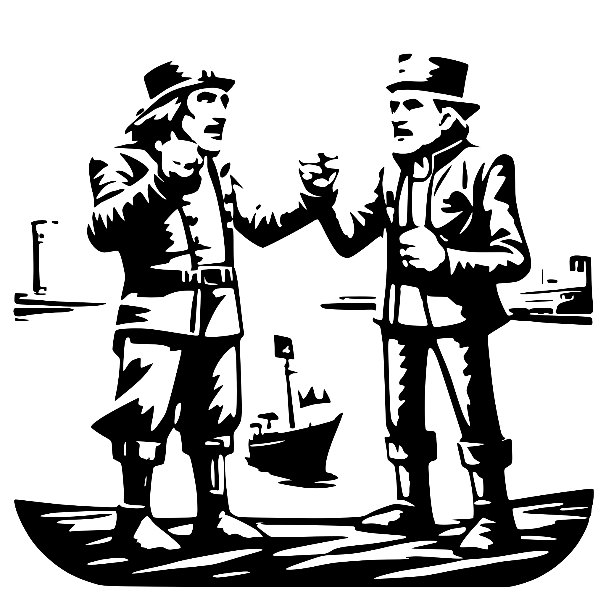 AI-generated SVG of 'Two burly men wearing hats, standing on a river dock and arguing over a small ship, each of them clenching their fists and claiming the ship as theirs, the ship is in full view, fun graffiti style'