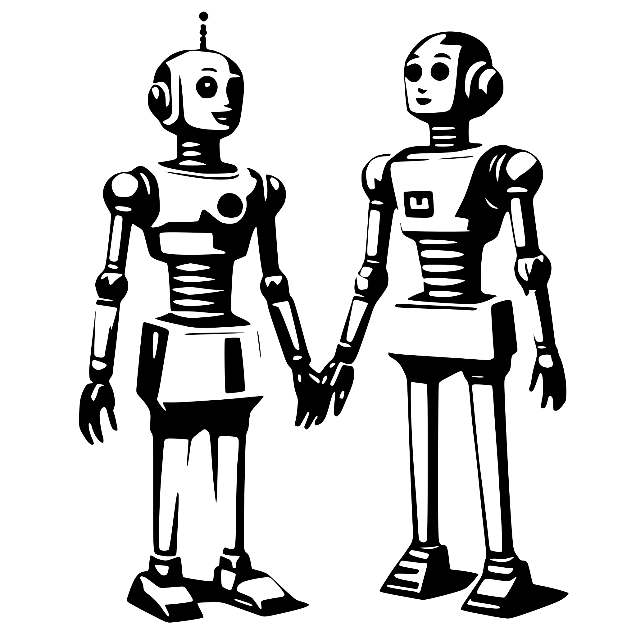 AI-generated SVG of 'couple of AI robots looks like humans standing on front of each other contacting wireless, full body'