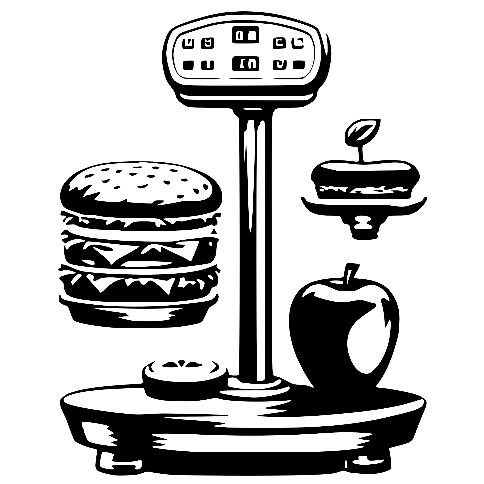 AI-generated SVG of 'A scale with a  hamburguer on left side and a apple on right side'