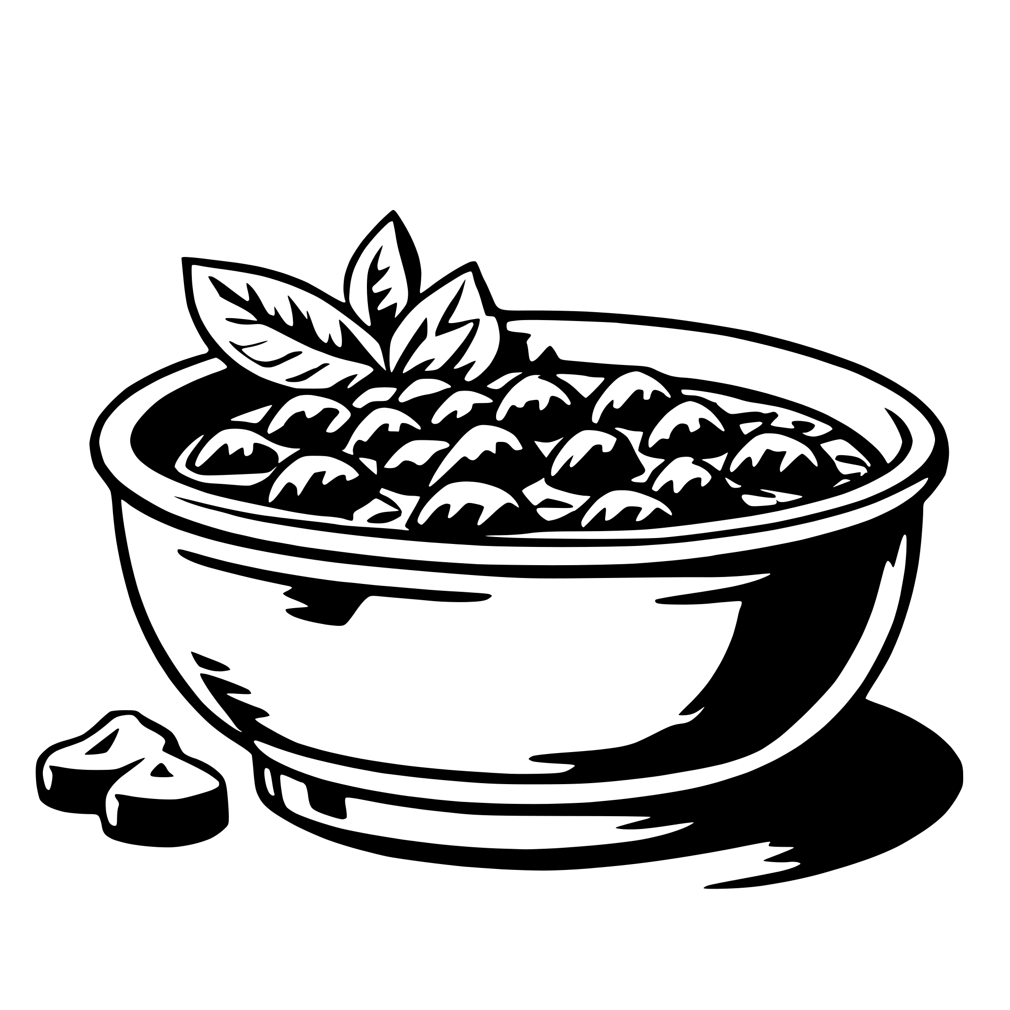 The SVG depicts a bowl of fruit, which appears to be a mix of berries and possibly a leafy herb or garnish. The bowl is placed on a surface, and there are two pieces of fruit that have fallen out of the bowl. The style of the SVG is simple and cartoonish, with solid black outlines and no shading or coloring. The fruit is illustrated with a few simple shapes to represent the texture and shape of the berries. The overall impression is that of a casual, hand-drawn illustration. 
