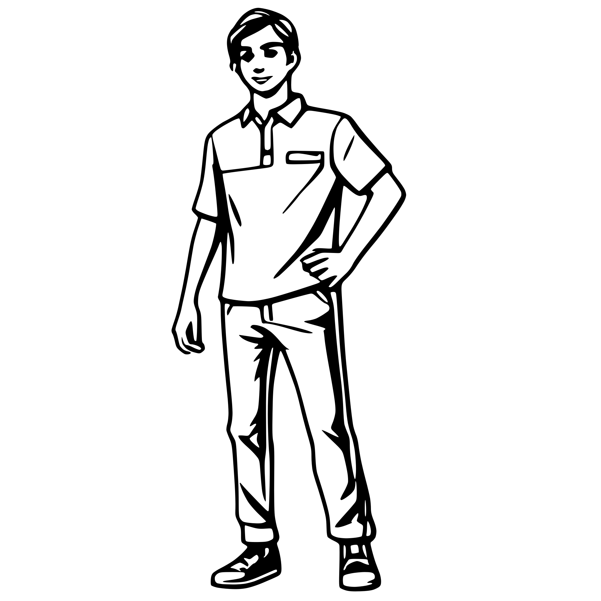 AI-generated SVG of a A guy in jeans and a polo shirt stands with his arms wide apart