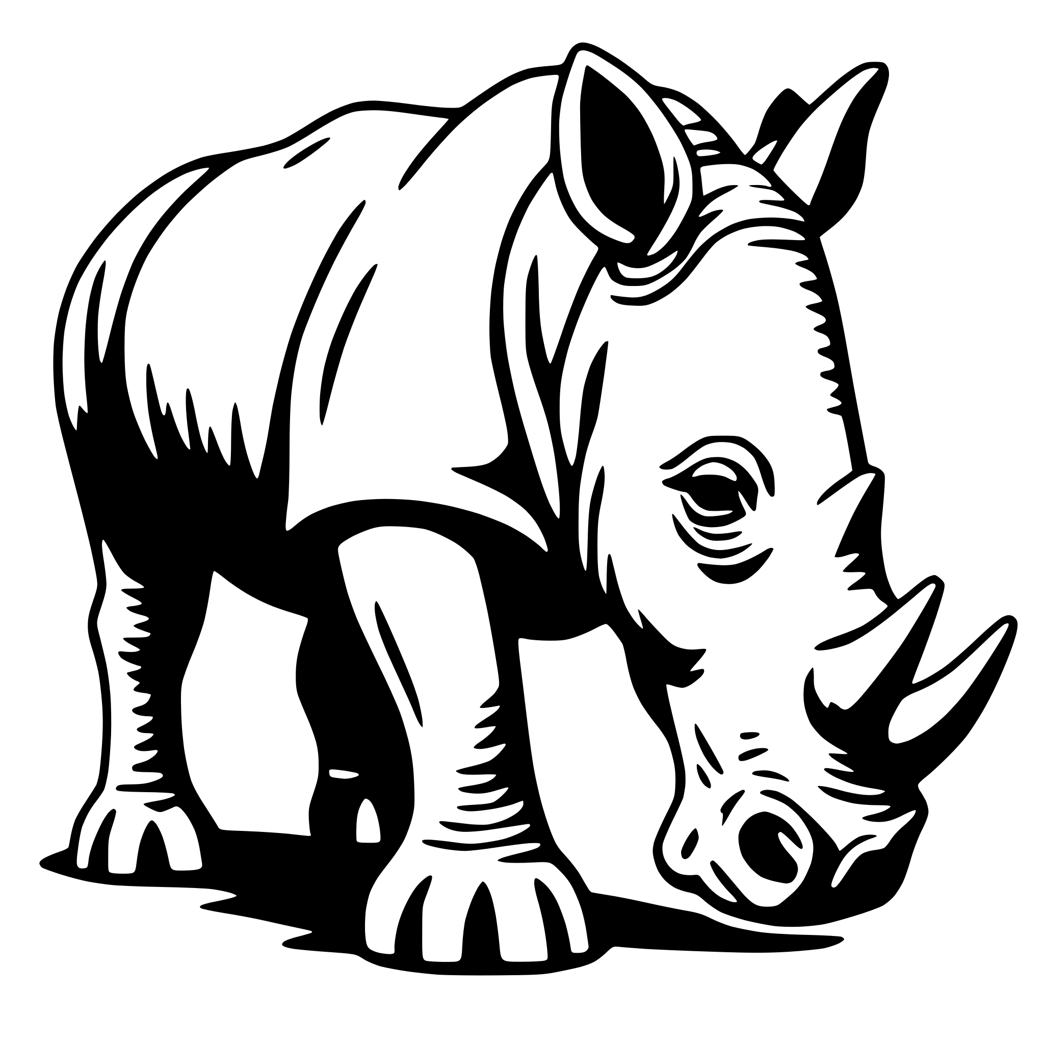 The SVG depicts a stylized, cartoon-like depiction of a rhinoceros. The rhinoceros is standing with its head lowered, as if it is grazing or sniffing the ground. Its ears are pointed upwards, and it has two small horns on its head. The rhinoceros's body is elongated, with a hump on its back, which is a characteristic feature of some rhinoceros species. The rhinoceros's legs are sturdy and appear to be supporting its body. The SVG is simple and does not contain any additional objects or interactions. 