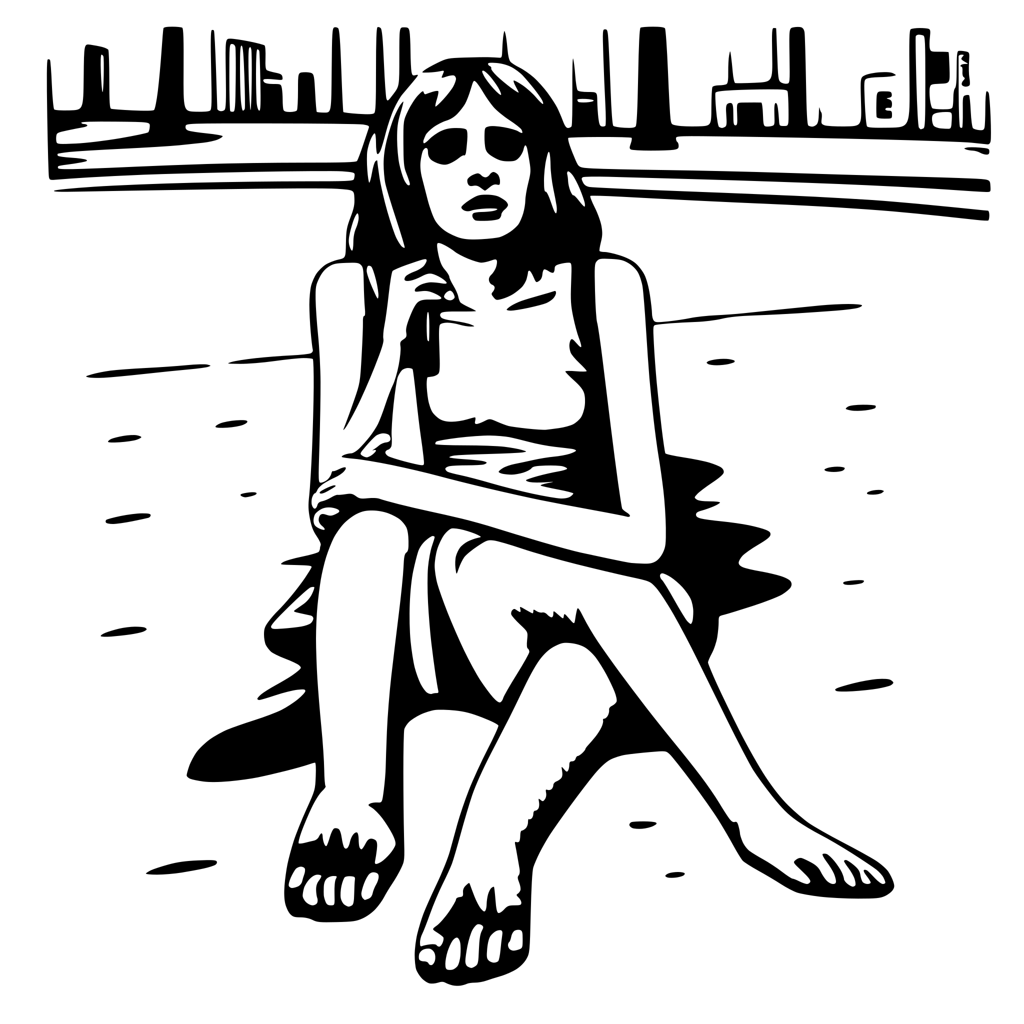 AI-generated SVG of 'A grotesque girl lying on the pavement, drawn in David Shrigley, Liana Finck and Stefan Marx style. The digital illustration using a fine-tip pencil, with deliberately a wobbly, hand-drawn feel. simple comics, line drawing'