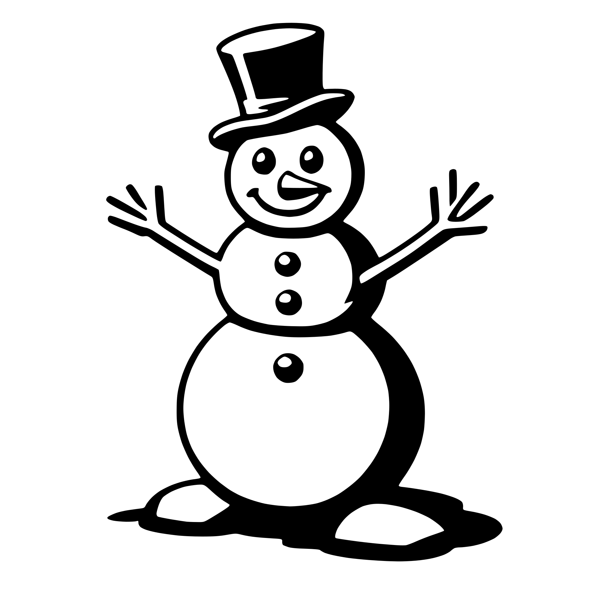 The SVG depicts a simple, cartoon-style illustration of a snowman. The snowman is anthropomorphized with arms outstretched, as if it is embracing the viewer or celebrating. It has a carrot for a nose, two dots for eyes, and a smile. The snowman is wearing a top hat, which is a common accessory for snowmen in popular culture. The snowman is standing on a flat surface, and there is a shadow beneath it, suggesting a light source from above. The SVG is minimalistic and does not contain any additional objects or interactions. 