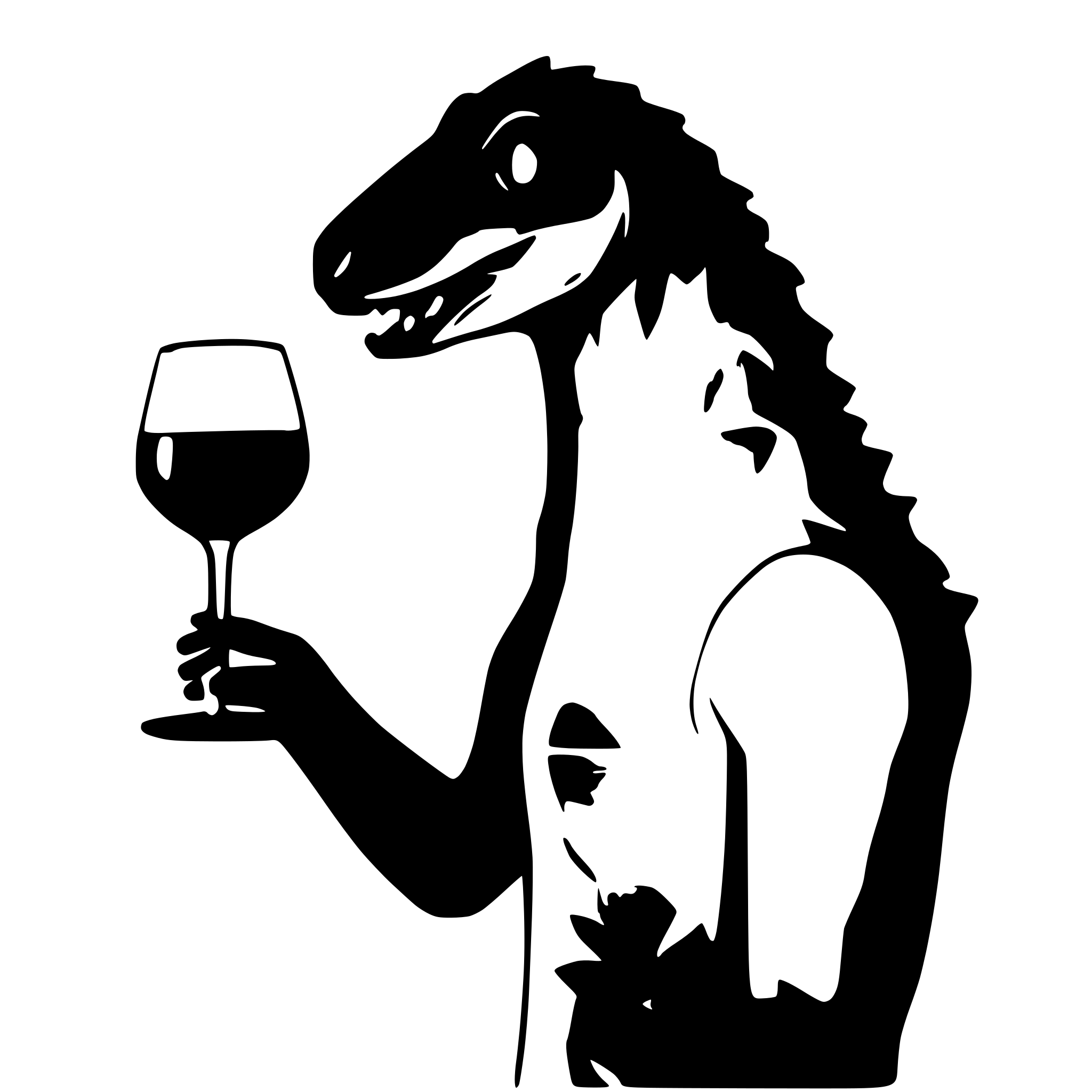 AI-generated SVG of a dinosaur with a glss of wine in the hand