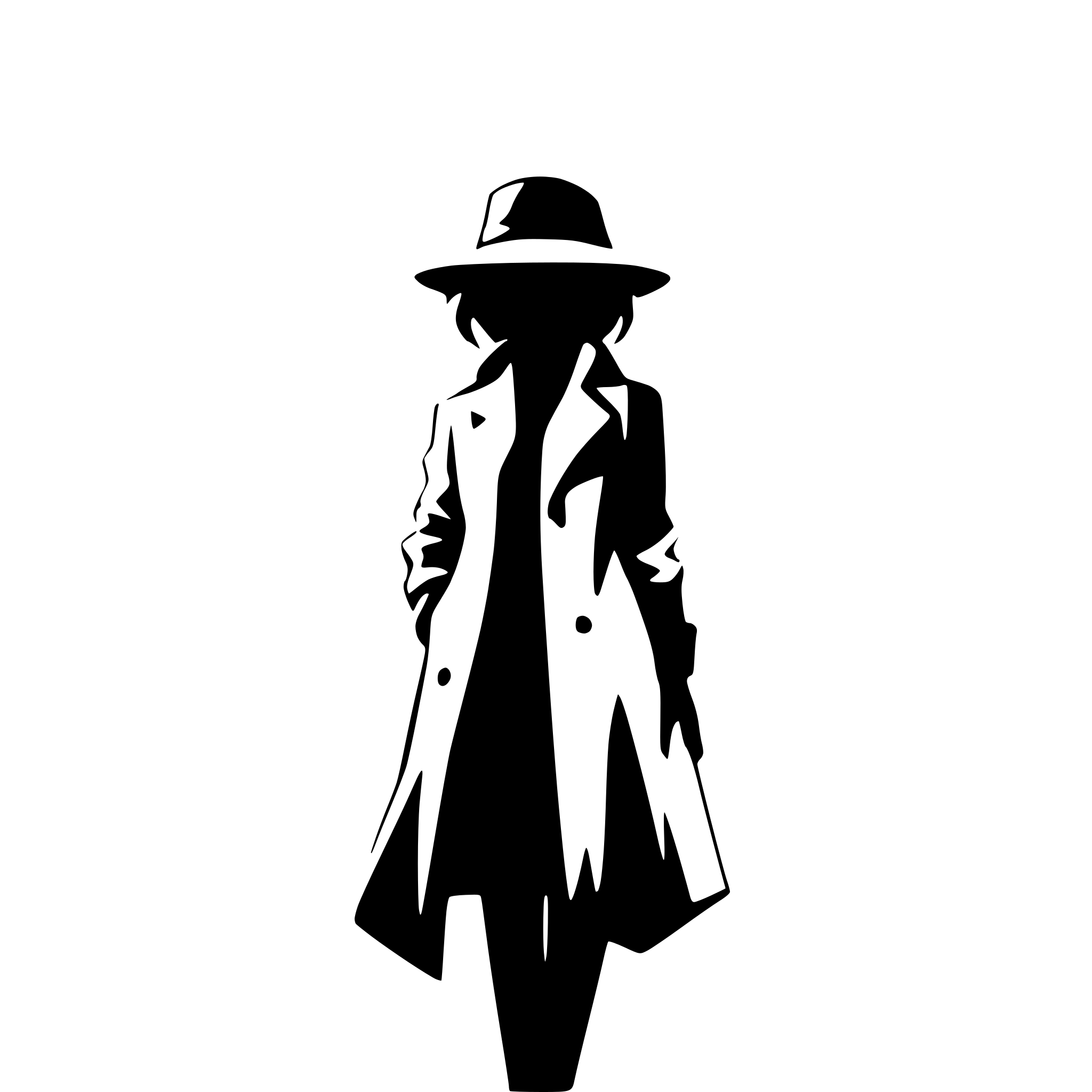 AI-generated SVG of a detective silhouette head to toe female in a trench coat fedora whole body