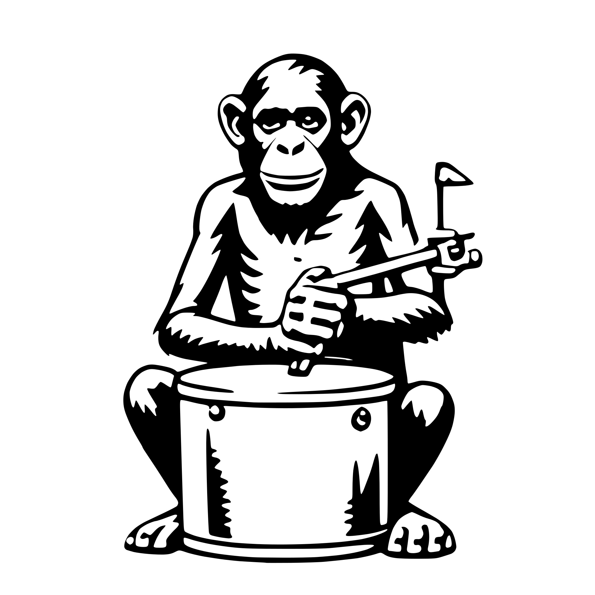 The SVG features a stylized black and white illustration of a monkey sitting on a drum. The monkey is depicted with a smiling expression, holding drumsticks in its hands. The drum has a visible drumhead and is positioned on the ground. The monkey's posture suggests it is playing the drum, and the overall SVG conveys a sense of rhythm and music. 