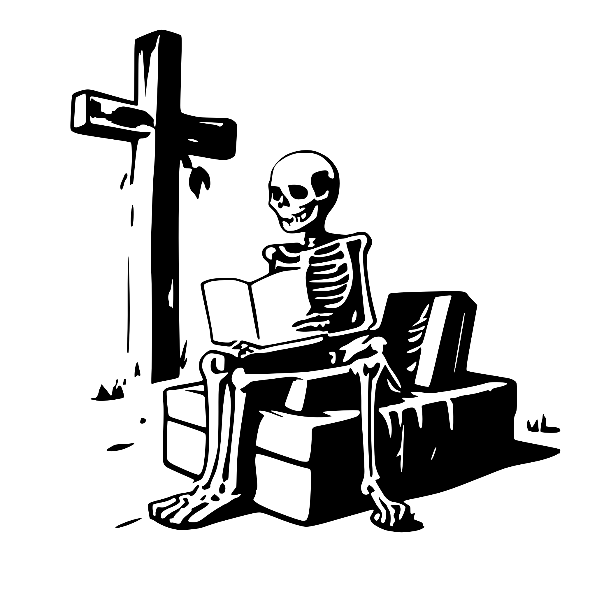 AI-generated SVG of a a skeleton on a cemetery reading a big book