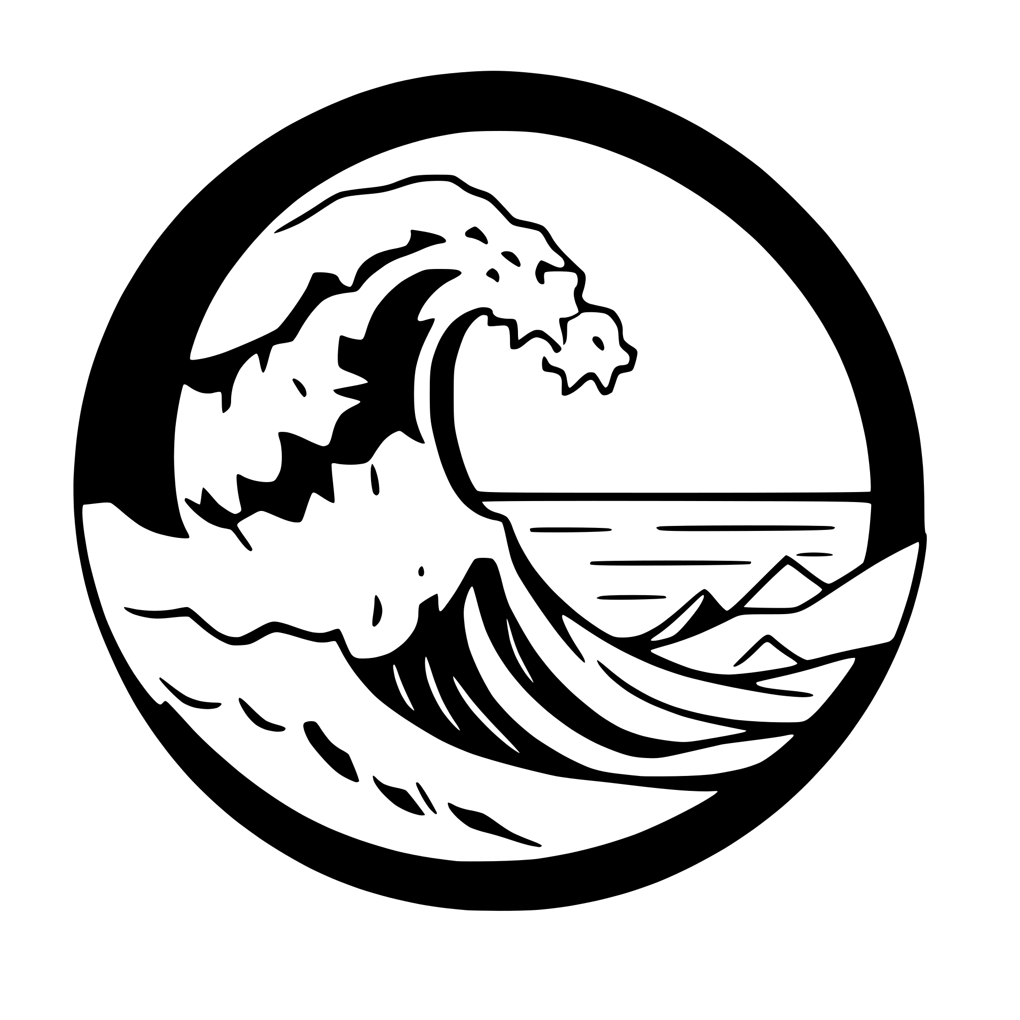 AI-generated SVG of a simplified line drawing of one great wave in black and white, without a background encased in a thick circle