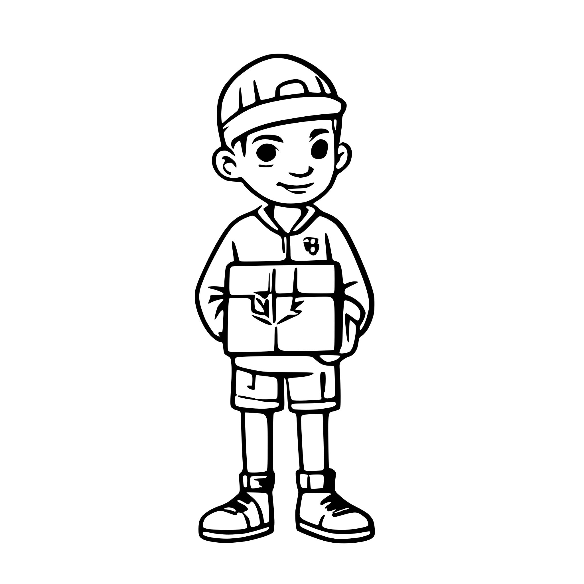 AI-generated SVG of a color image,full body cartoon boy , short bearded, wearing a  red  manchester united tracksuit and a yellow cap with the green letters F I U written on it, holding a package