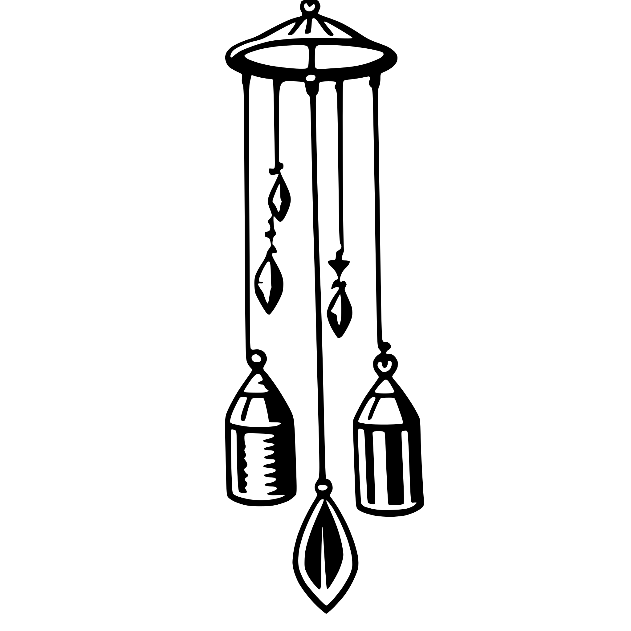 The SVG shows a simple, stylized depiction of a wind chime. It consists of a vertical rod with a series of horizontal rods attached to it, each with a decorative element hanging from it. The decorative elements appear to be abstract shapes, possibly representing leaves or other natural forms. The chime is suspended from a central point at the top, which is not visible in the SVG. The rods and decorative elements are connected by lines, and the entire structure is symmetrical along the vertical axis. The SVG is minimalistic and does not contain any text or additional elements. 