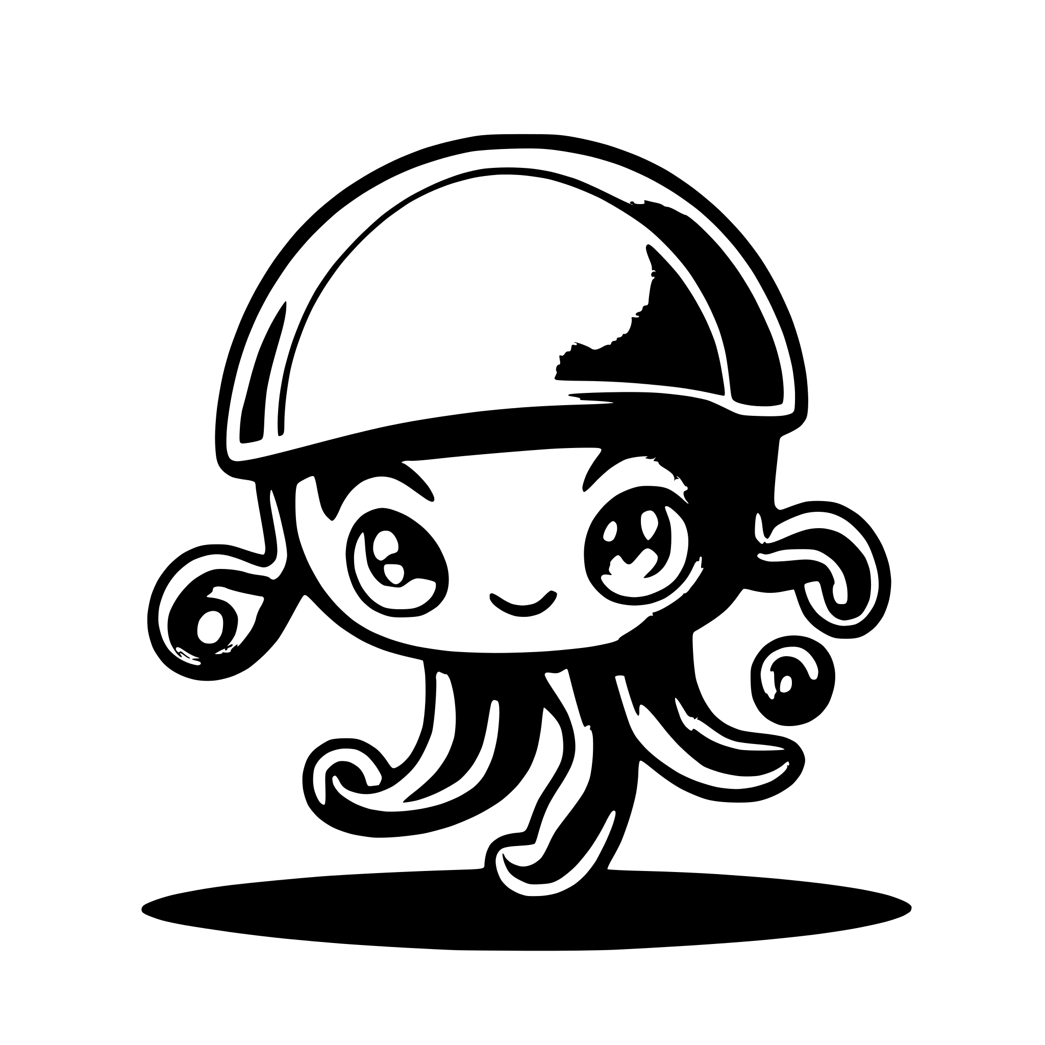 AI-generated SVG of a A cute purple jellyfish-like creature with a rounded helmet-shaped body and four wavy tentacles, featuring a single large central eye with a bright white reflection, small rosy cheeks and a subtle smile. The creature is drawn in a clean vector/cartoon style with simple shading and a dark navy background. Vibrant purple color palette with smooth gradients. Adorable, kawaii-inspired character design.