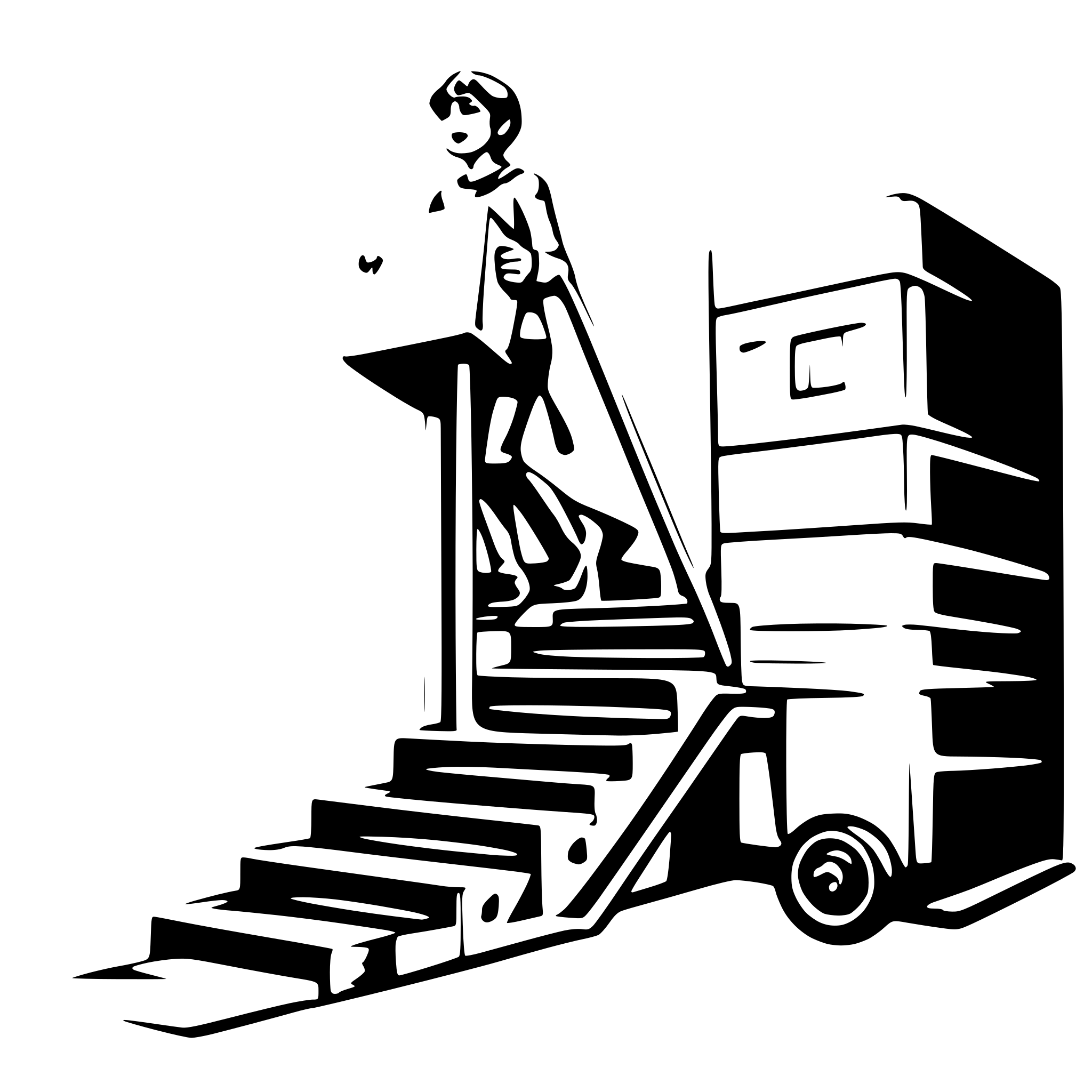AI-generated SVG of a A stair-climbing hand truck carrying a package, smoothly ascending a staircase. The stair-climbing device has robust wheels designed to tackle steps, with a large, securely strapped package.