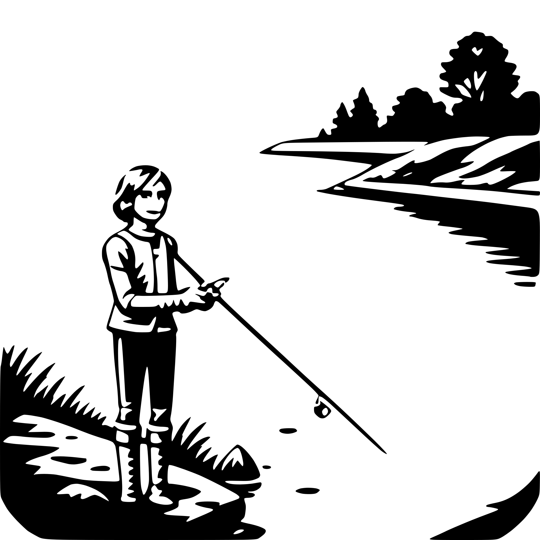 The SVG depicts a stylized black and white illustration of a person fishing. The person is standing on the bank of a river, holding a fishing rod with a lure attached. The individual is wearing a jacket and pants, and appears to be focused on the water, possibly waiting for a fish to bite. The background shows a simple representation of a riverbank with trees and a path leading into the distance. The style of the illustration is minimalistic and cartoon-like, with bold outlines and a limited color palette. 