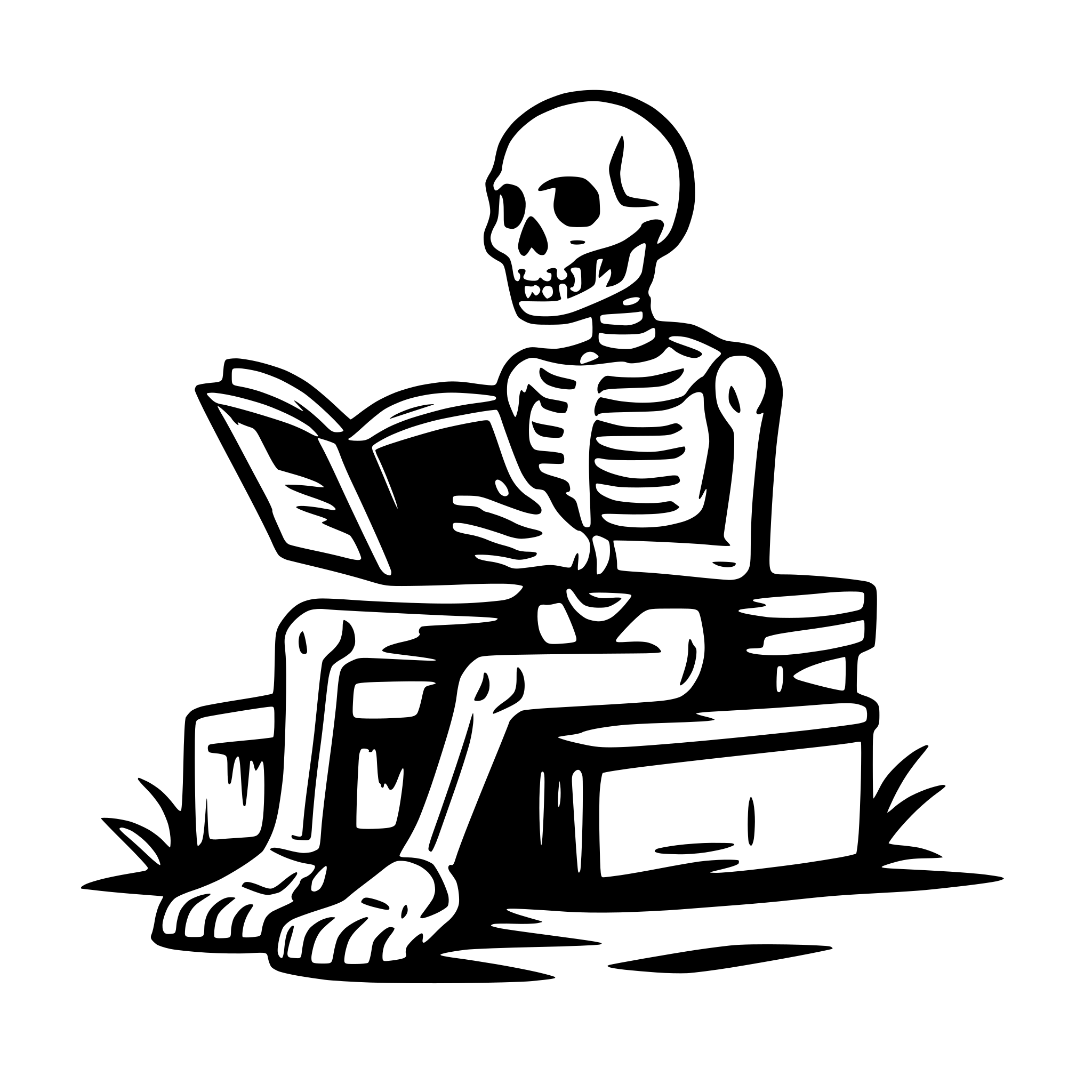 AI-generated SVG of a a skeleton sitting on a grave an reading