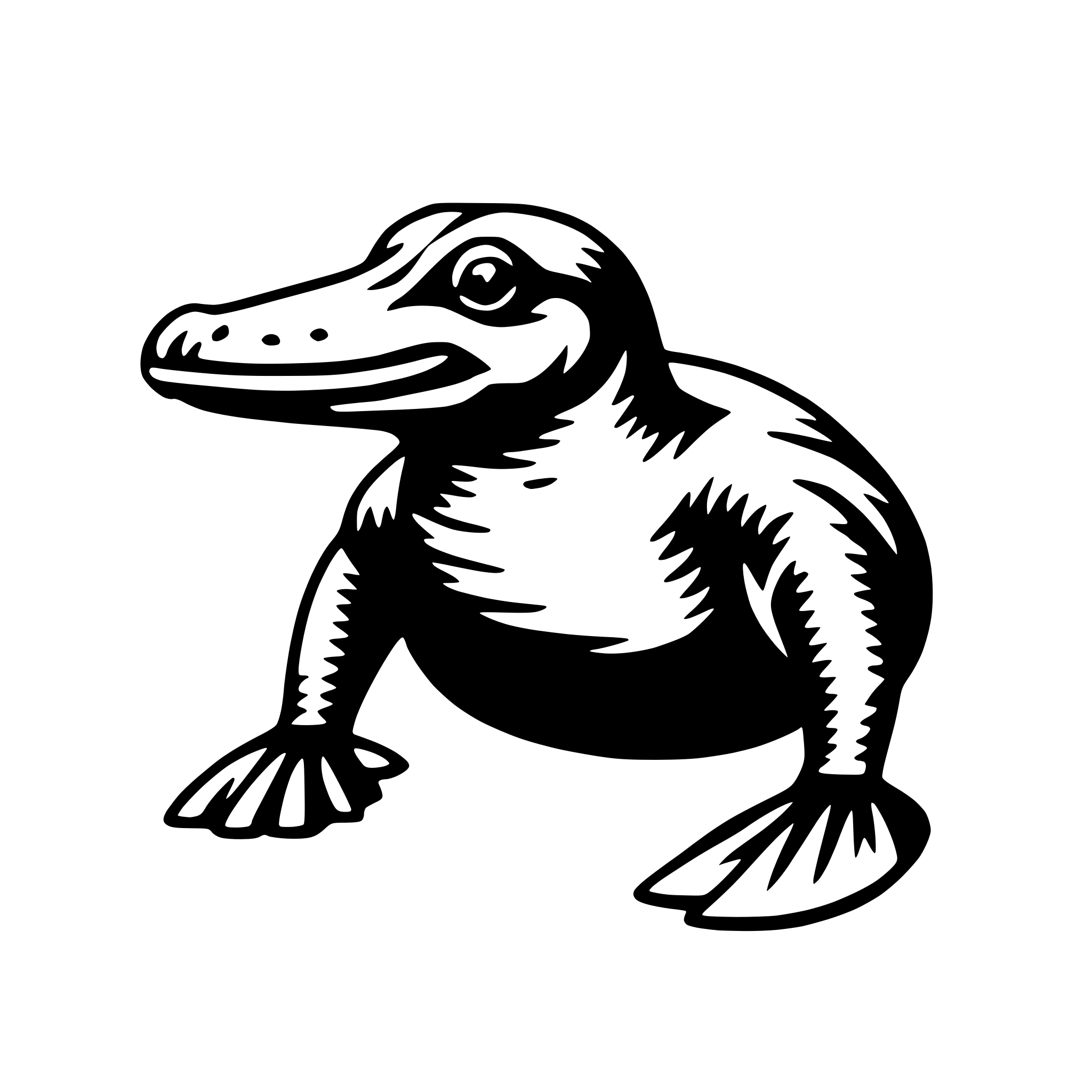 The SVG depicts a stylized, cartoon-like alligator. It has a large, rounded head with a wide, open mouth, and its eyes are depicted as small, round, and positioned on the sides of its head. The alligator's body is elongated and has a series of ridges along its back. Its limbs are short and end in webbed feet. The alligator is standing upright on its hind legs, with its front legs extended forward. The SVG is simple and does not contain any additional objects or interactions. 