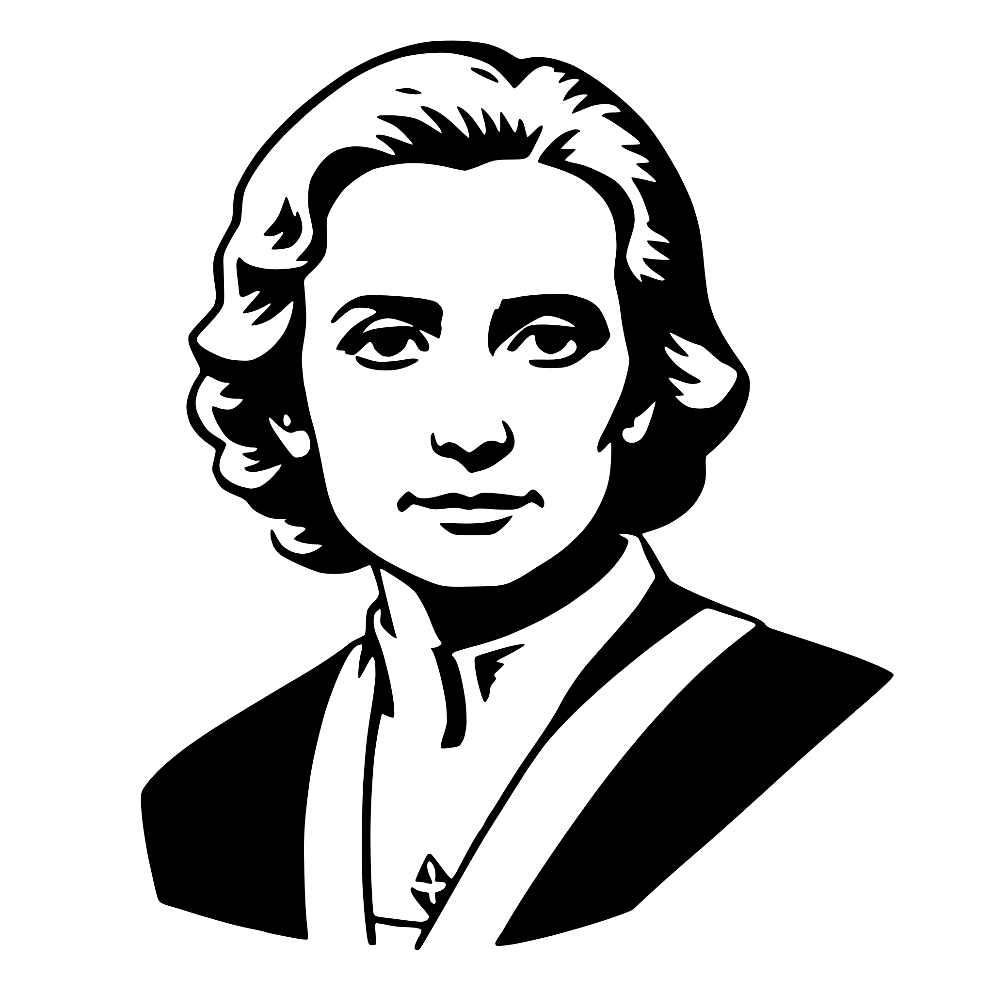 The SVG is a black and white vector graphic of a person's head and shoulders. The person appears to be a woman with short, wavy hair, wearing what seems to be a formal or professional attire, possibly a suit or a blazer, with a collar and a tie visible. The style of the SVG is simplistic and iconic, with clean lines and minimal detail, which is characteristic of vector graphics. The SVG does not contain any text or additional elements. The main focus is on the person's face and upper torso, and the SVG does not depict any actions or interactions with other objects. 