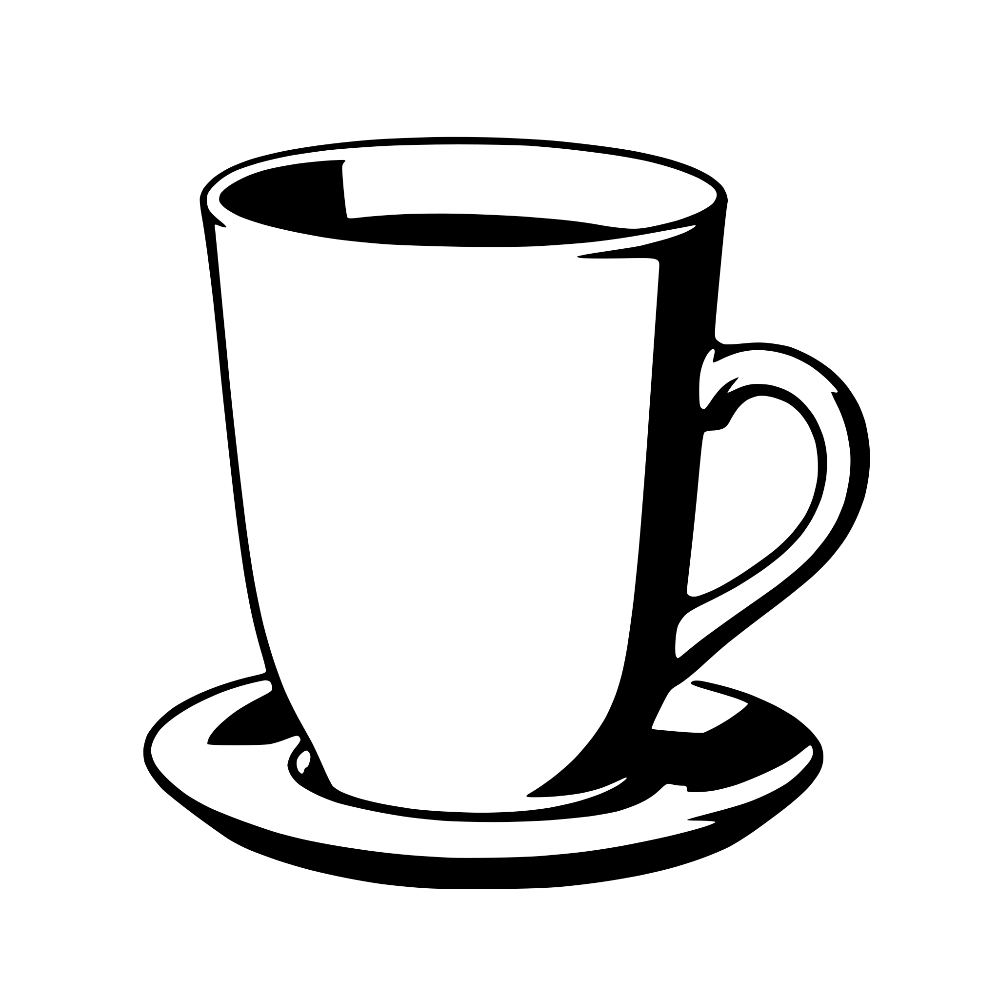 The SVG shows a simple line drawing of a coffee cup and saucer. The cup is depicted with a handle on the right side and a small indentation on the left side, which is typical for a coffee cup. The saucer is shown with a slight curve and a small indentation at the center, where the cup would rest. The cup and saucer are placed on a flat surface, which is not detailed but is implied by the positioning of the objects. The SVG is minimalistic and does not contain any additional elements or text. 