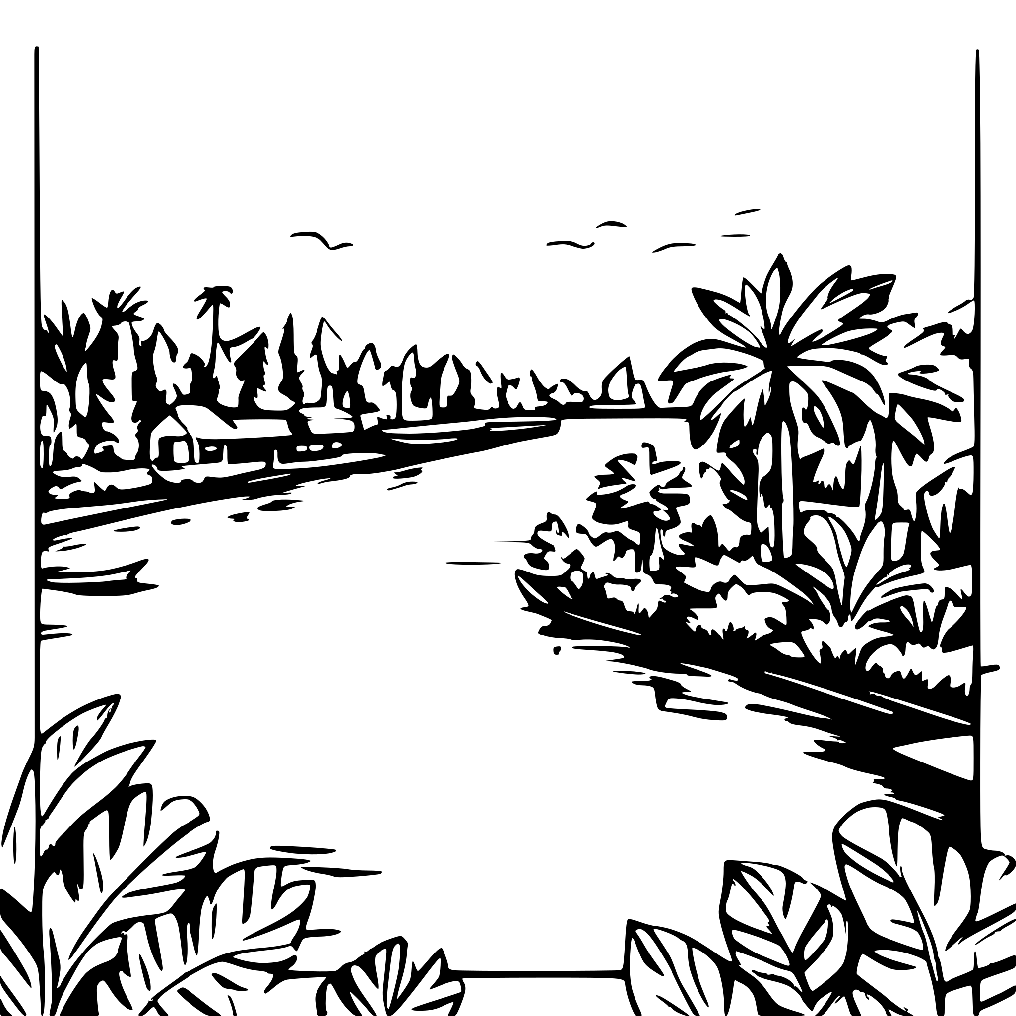 AI-generated SVG of a A beautiful view of the Mahakam River, surrounded by dense tropical forests, with a blue sky and white clouds.