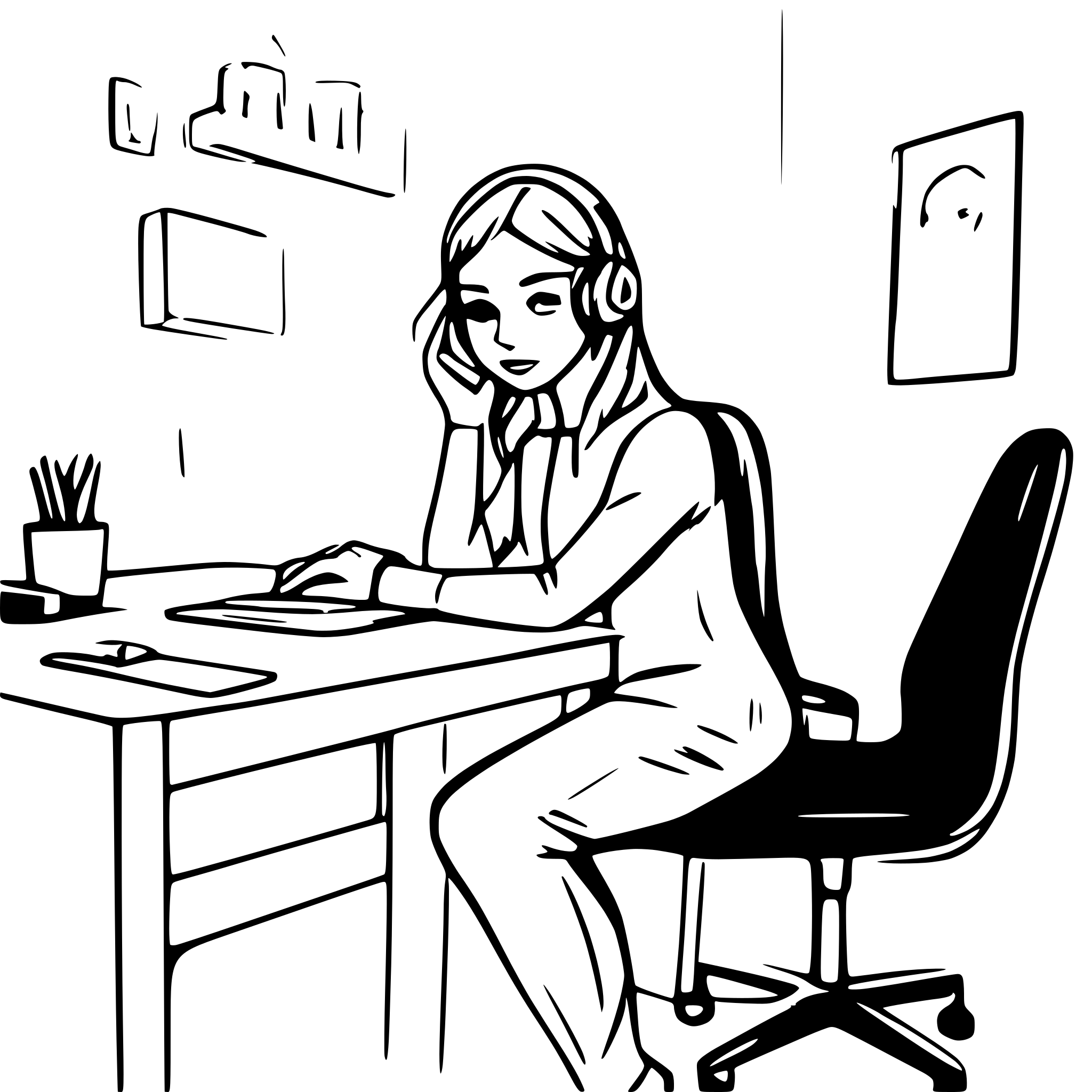 AI-generated SVG of a person is sitting on desk chair with eeg headset on head