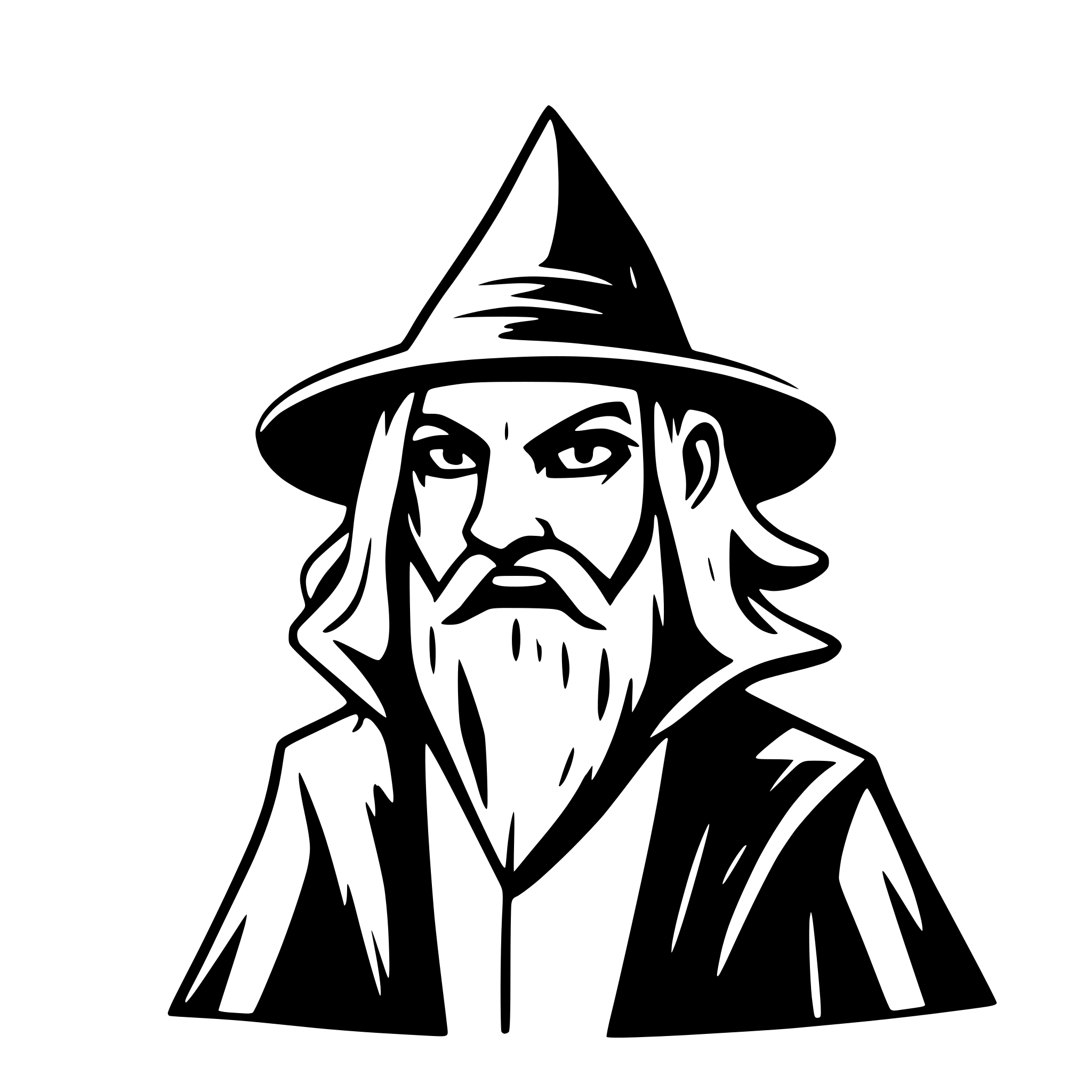AI-generated SVG of a An extravagant and elaborate wizard logo with a splash background featuring a wizard with a long beard and shining black eyes, dark veins protruding on his face near his eyes