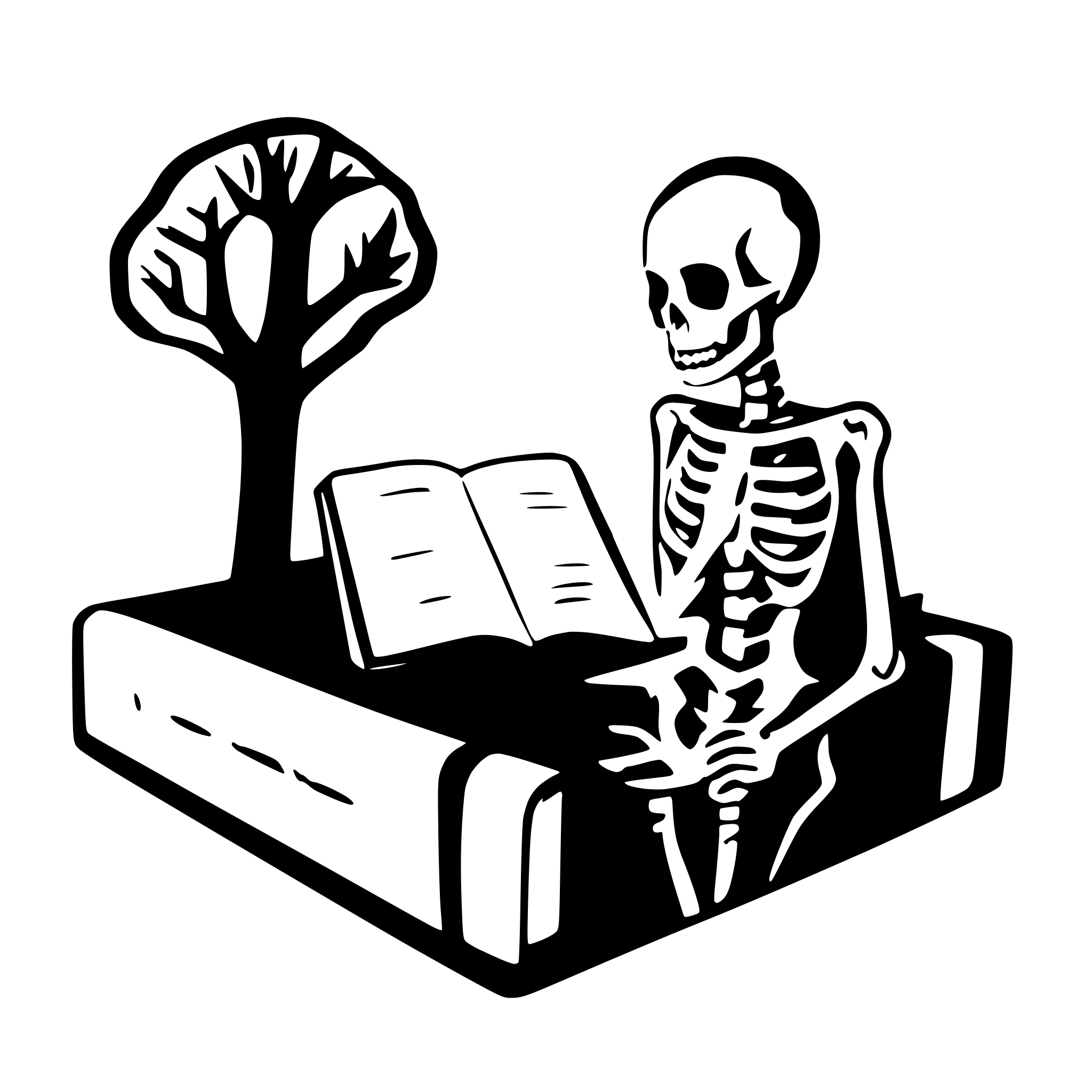 AI-generated SVG of a a skeleton on a cemetery reading a big book