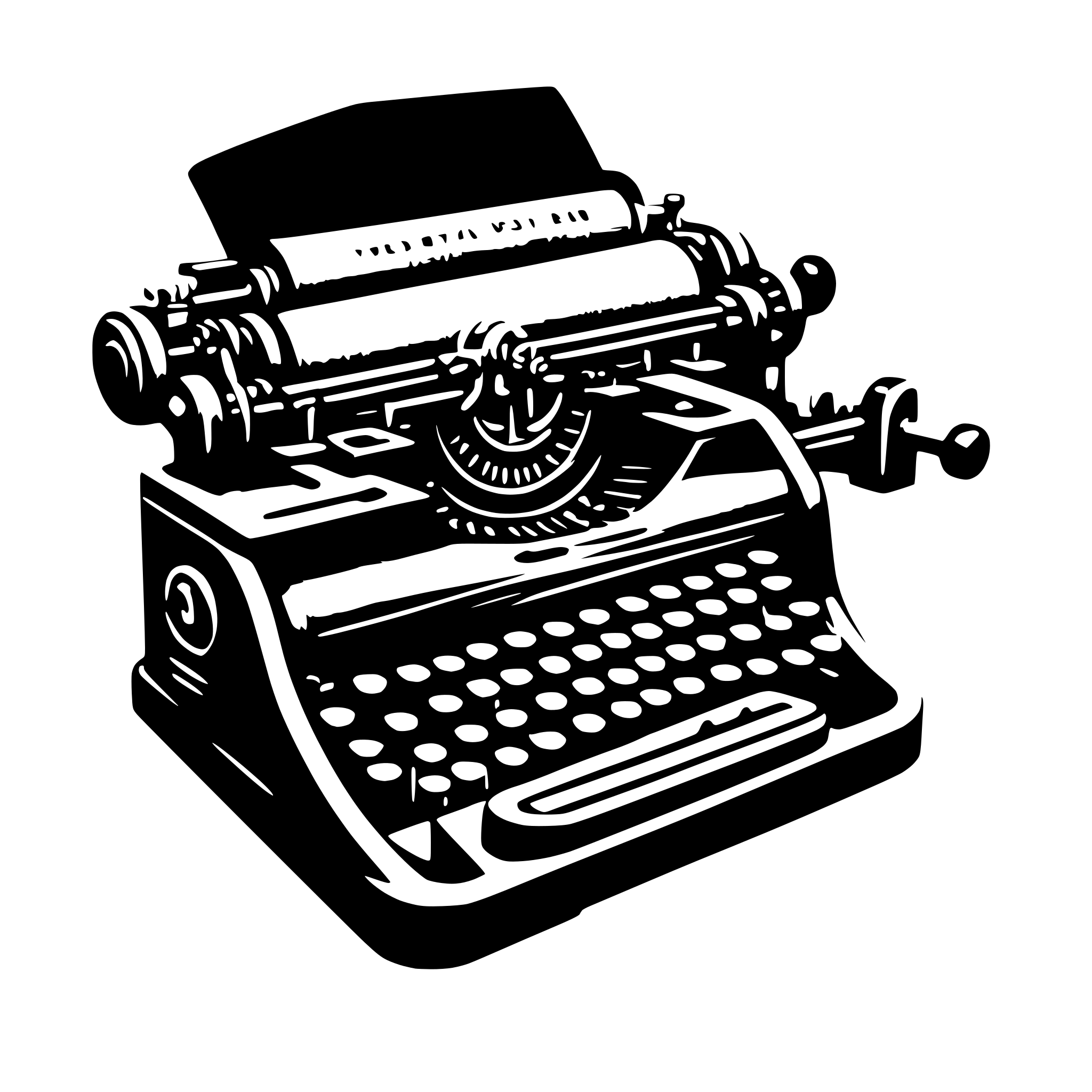 AI-generated SVG of a A detailed black and white SVG illustration of a vintage typewriter. The keys are clearly depicted, along with a paper sheet sticking out of the roller. The typewriter body has a worn, classic design with visible knobs and levers. AI-generated SVG of a A detailed black and white SVG illustration of a vintage typewriter. The keys are clearly depicted, along with a paper sheet sticking out of the roller. The typewriter body has a worn, classic design with visible knobs and levers.