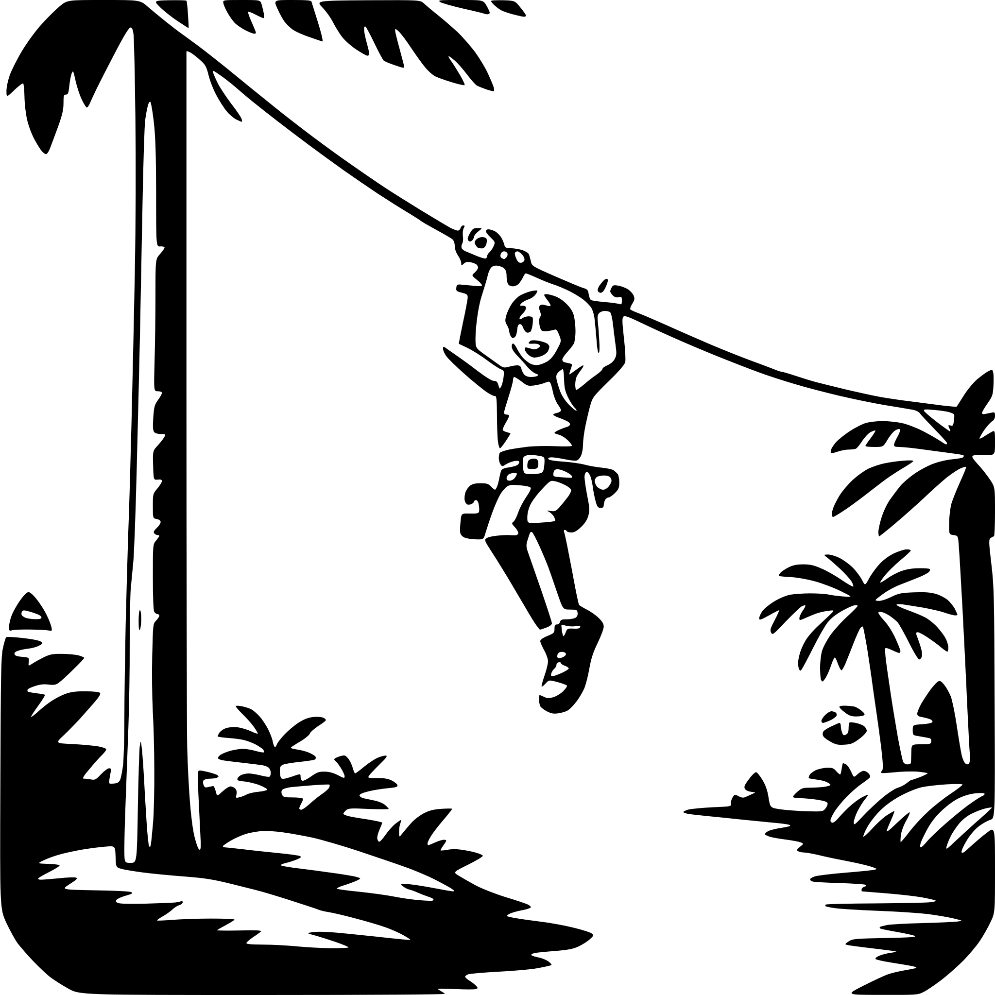 The SVG depicts a cartoon-style illustration of a person engaged in a recreational activity. The individual is shown hanging from a rope, which is attached to a tree. The person is wearing a white shirt, dark pants, and a dark cap. They are holding onto the rope with both hands, and their legs are crossed at the ankles. The background features a simplified representation of a tropical landscape with palm trees and a clear sky. The style of the SVG is reminiscent of a coloring book page, with bold outlines and a lack of shading or color. 