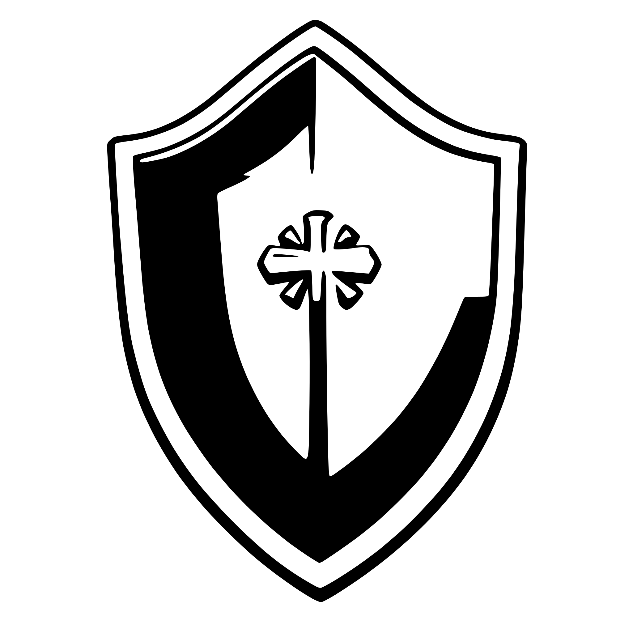 The SVG displays a stylized shield with a central emblem. The shield is outlined in black and filled with a lighter shade, possibly white or a light gray. The emblem within the shield is a simple, abstract design that resembles a flower or a star with multiple points. The shield has a three-dimensional appearance, with the top edge curving upwards and the bottom edge curving downwards. The overall style is minimalistic and graphic, with no additional text or elements present. 