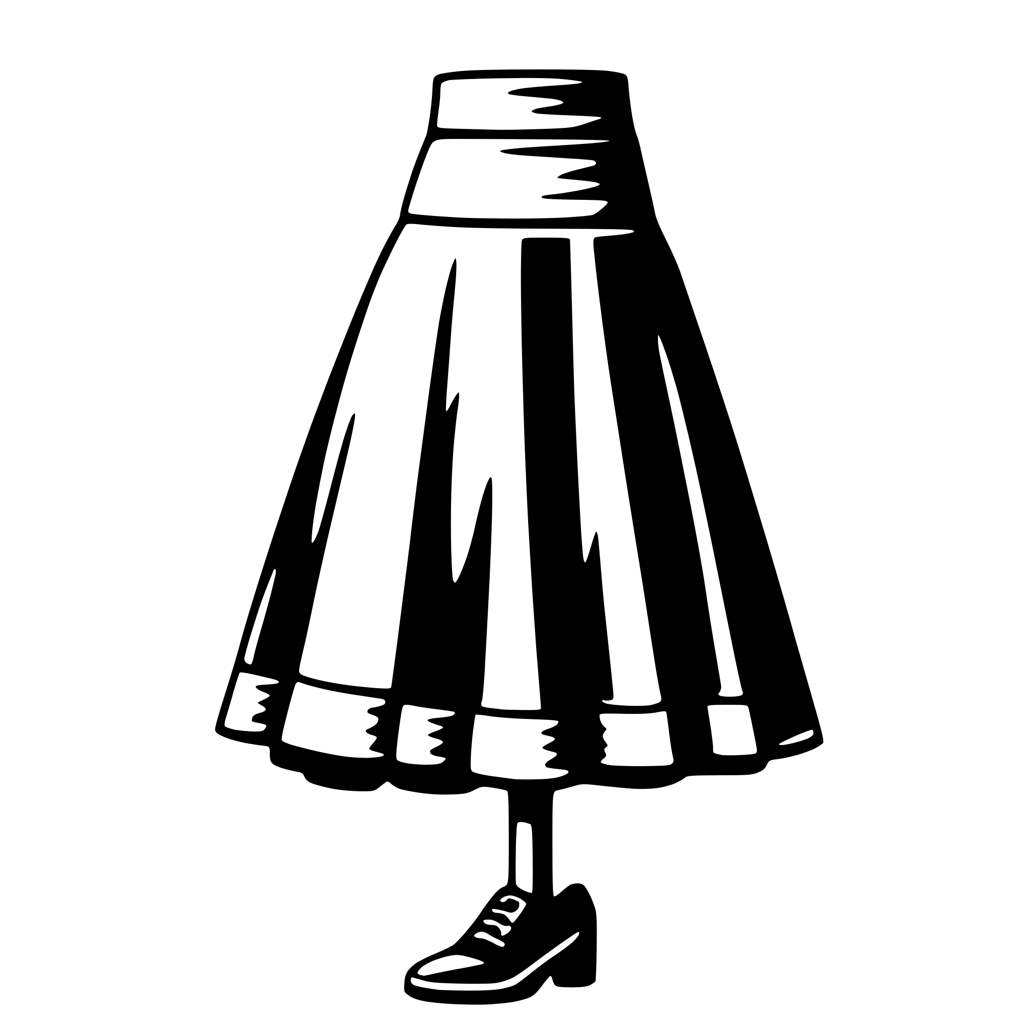 The SVG depicts a stylized, cartoon-like illustration of a woman's lower body. She is wearing a long, pleated skirt that flares out at the bottom, and she has a pair of shoes on. The skirt is drawn with horizontal lines to represent the pleats, and the shoes are simple with a flat sole and a small heel. The SVG is minimalistic and does not include any additional details or background elements. The style is reminiscent of a simplified fashion icon or a character from a cartoon or graphic novel. 