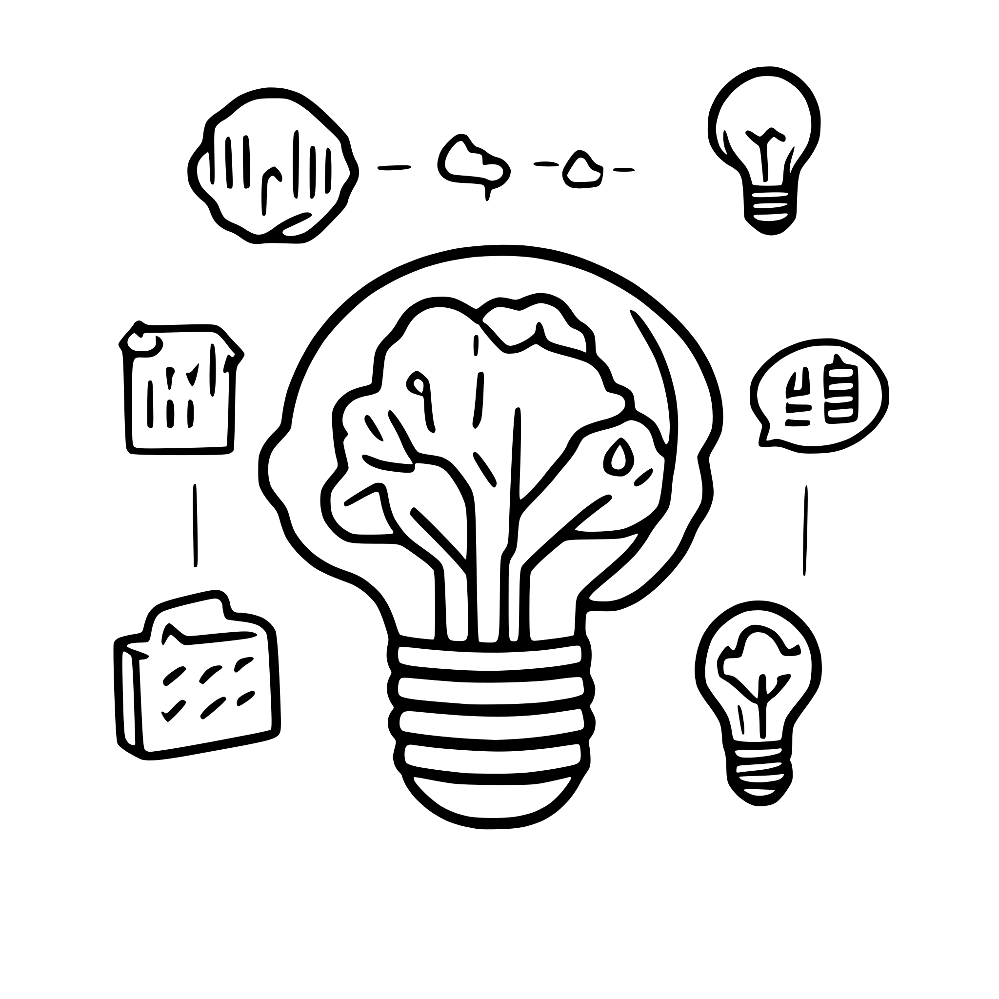 AI-generated SVG of a doodle that includes sketches of thought bubbles containing icons like lightbulbs, charts, or graphs to represent brainstorming and planning.