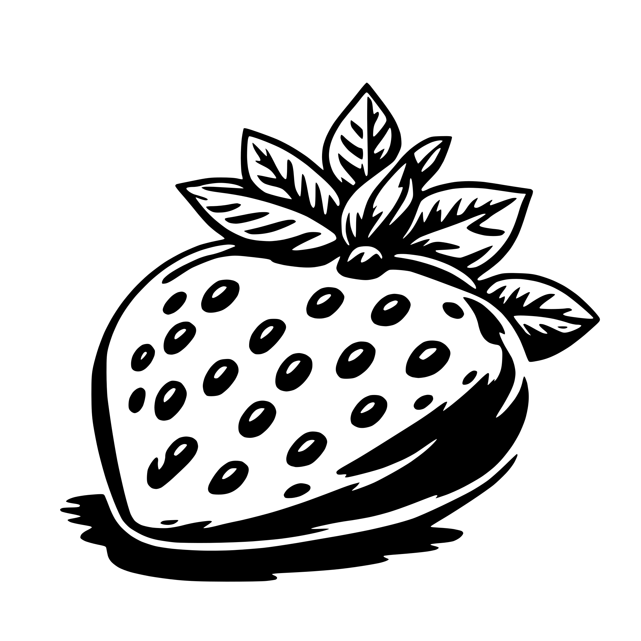 The SVG depicts a stylized strawberry with a green top and leaves, and a red body with small black dots representing seeds. The strawberry is centered and appears to be resting on a surface, as indicated by the shadow beneath it. The leaves are detailed with vein patterns, and the overall style is simple and graphic, with clean lines and a limited color palette. 