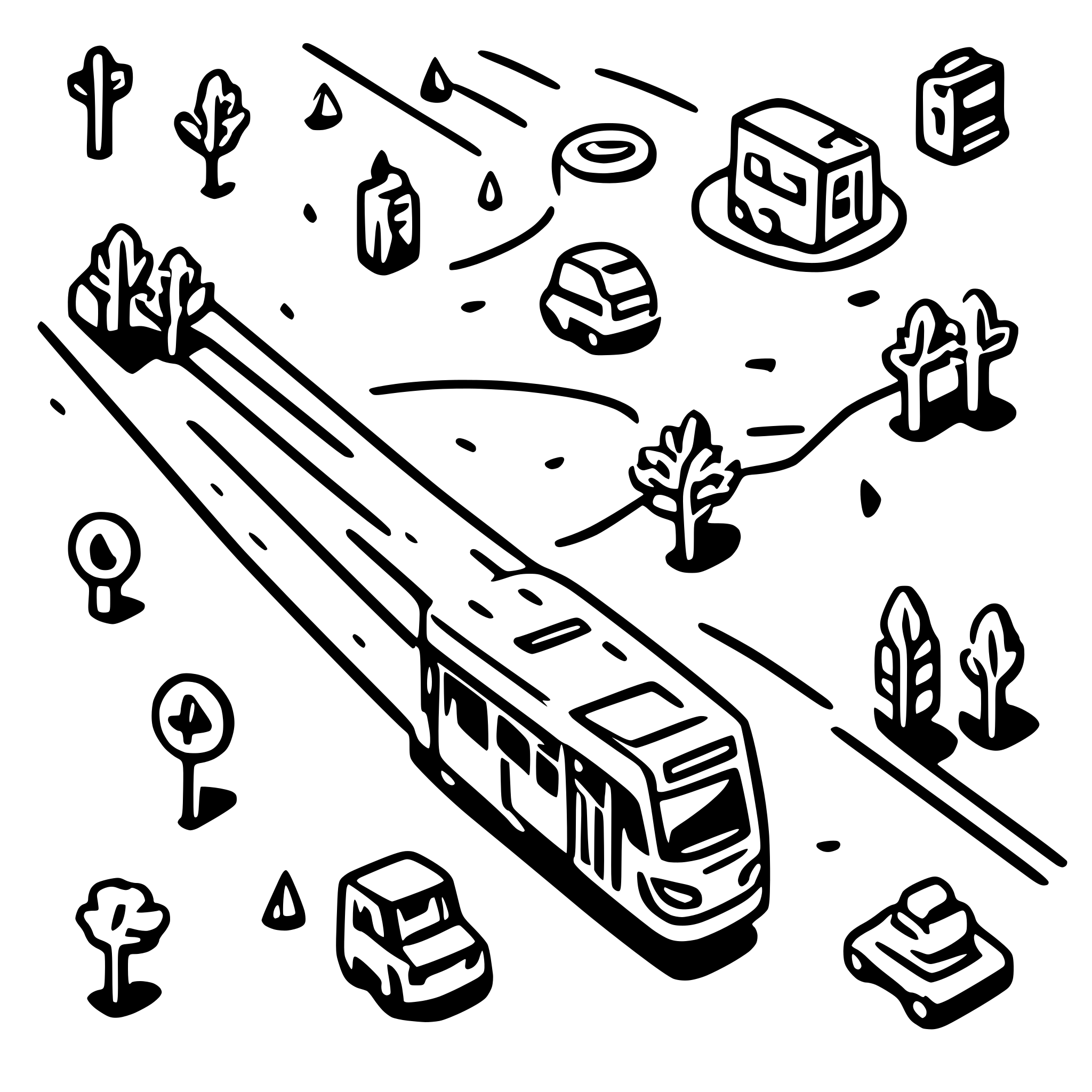 AI-generated SVG of a Create a minimalist and simplified map design featuring public transport routes, roads, and streets in a city. Use only two contrasting colors, such as black and white or blue and yellow, for clarity and visual impact. The map should emphasize roadways, bus routes, train lines, and car lanes, using simple geometric shapes and lines to represent transportation systems. Buses, cars, and other vehicles should be depicted as small, stylized icons or simple symbols, scattered along the roads. Avoid e