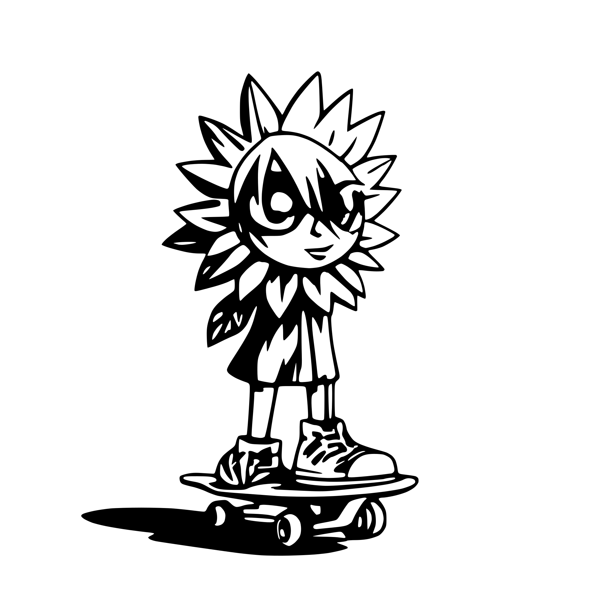 AI-generated SVG of a a tall sunflower character with his converse sneakers riding a skate board