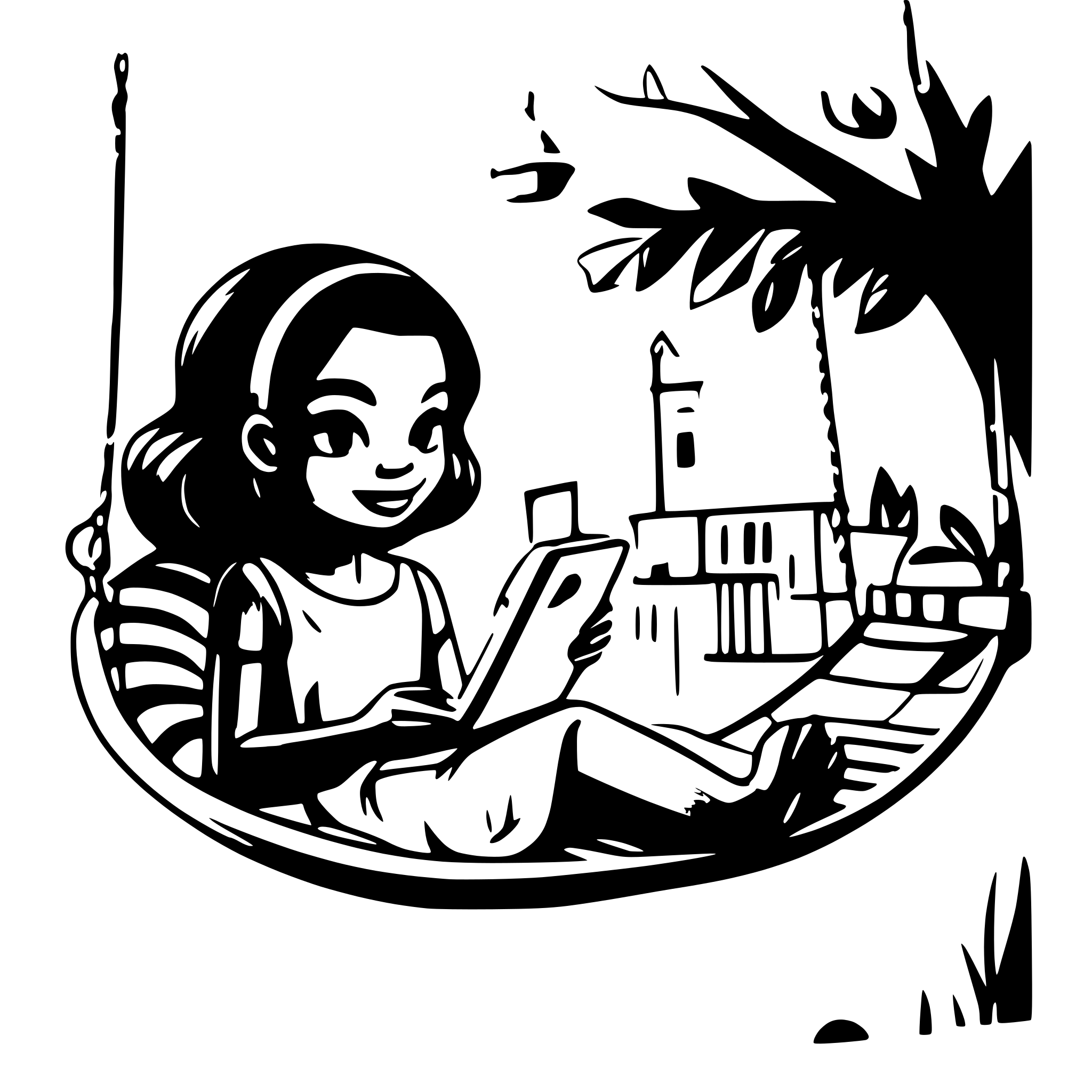 AI-generated SVG of a hill with tree, african lady reading a tablet on a pod swing,  on a house balcony on pod swing