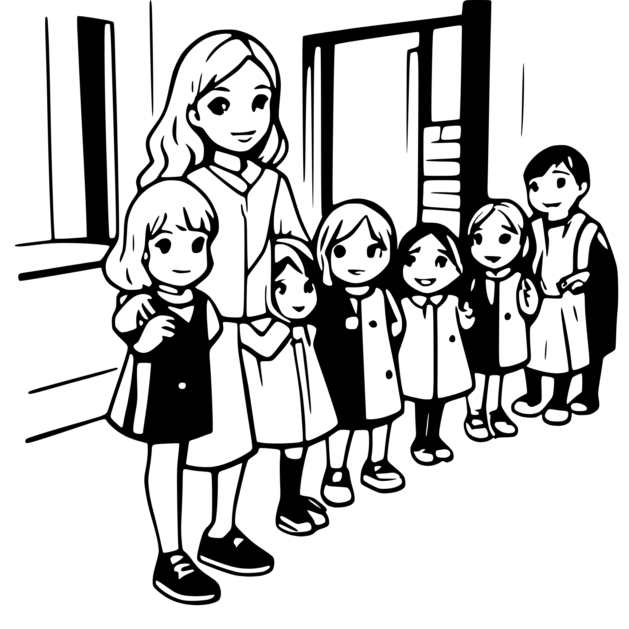 AI-generated SVG of a educator says goodbye to 8 children in the kindergarden