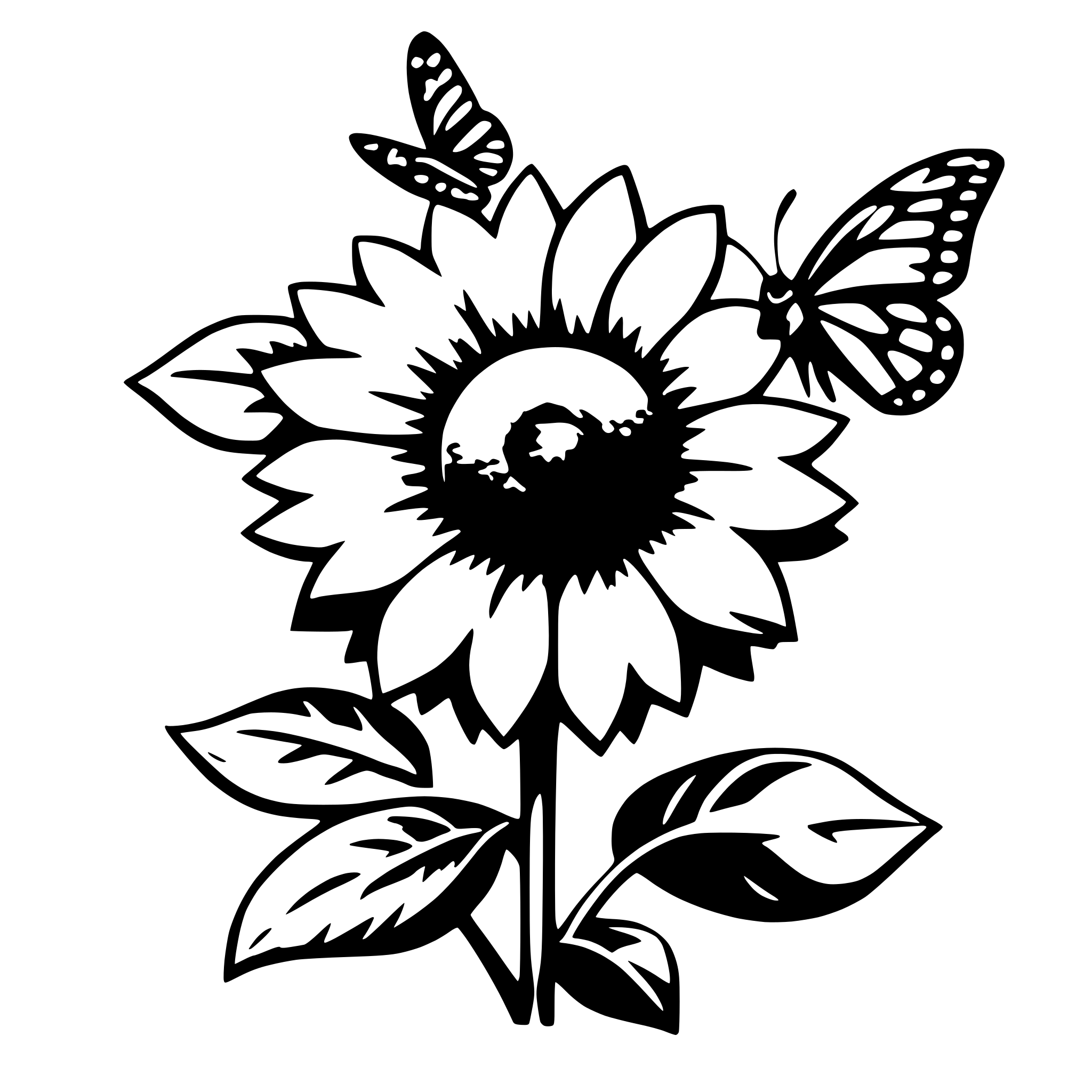 The SVG depicts a stylized black and white illustration of a sunflower with a prominent central disc and long, curved petals. Two butterflies are perched on the flower, one on the left side and one on the right side, facing each other. The butterflies have detailed wing patterns and antennae. The sunflower has a thin stem with two leaves visible at the bottom. The overall style is simple and graphic, with clean lines and a limited color palette. 