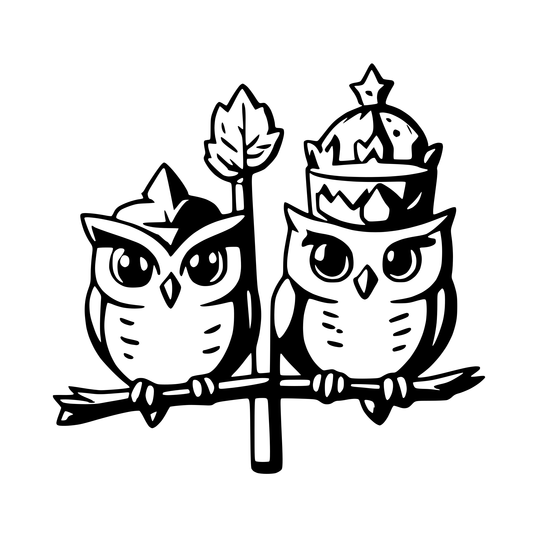 AI-generated SVG of a create Very simple image two Owls sitting on a branch with  a magic wand  above as a light source and a crown  to turn into an SVG