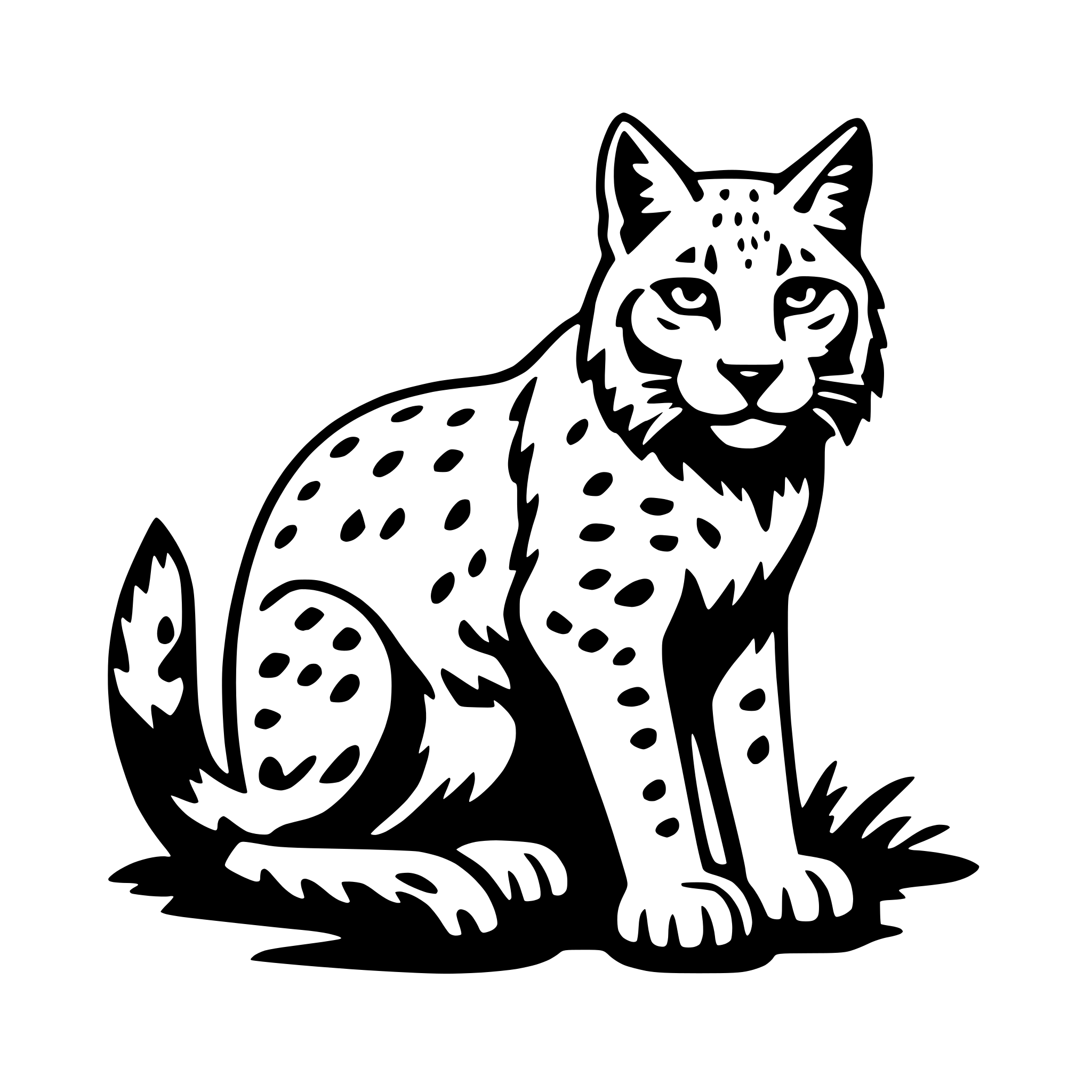 The SVG depicts a stylized, cartoon-like depiction of a lynx. The lynx is sitting upright on its hind legs, with its front paws extended forward. It has a round head with pointed ears, and its eyes are wide open, giving it a somewhat surprised or alert expression. The lynx's fur is patterned with dark spots, and its tail is curled up behind it. The lynx is set against a plain background, and there are no other objects or interactions depicted in the SVG. 