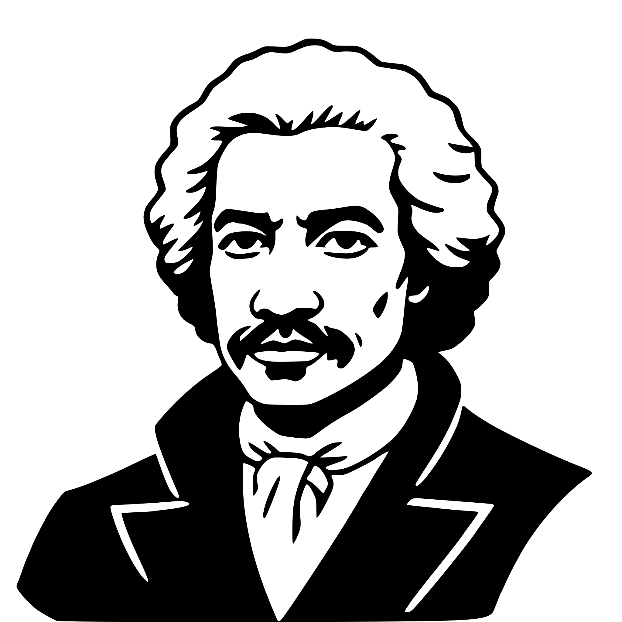 The SVG is a black and white vector illustration of a man's profile. The man has a full beard and mustache, and his hair is styled in a manner that suggests it is curly or wavy. He is wearing a dark coat with a high collar and a white shirt with a tie. The man's expression is neutral, and he is looking directly at the viewer. The SVG does not contain any text or additional objects, and the man is the central figure in the composition. The style of the illustration is simplistic and iconic, with clean lines and a limited color palette. 