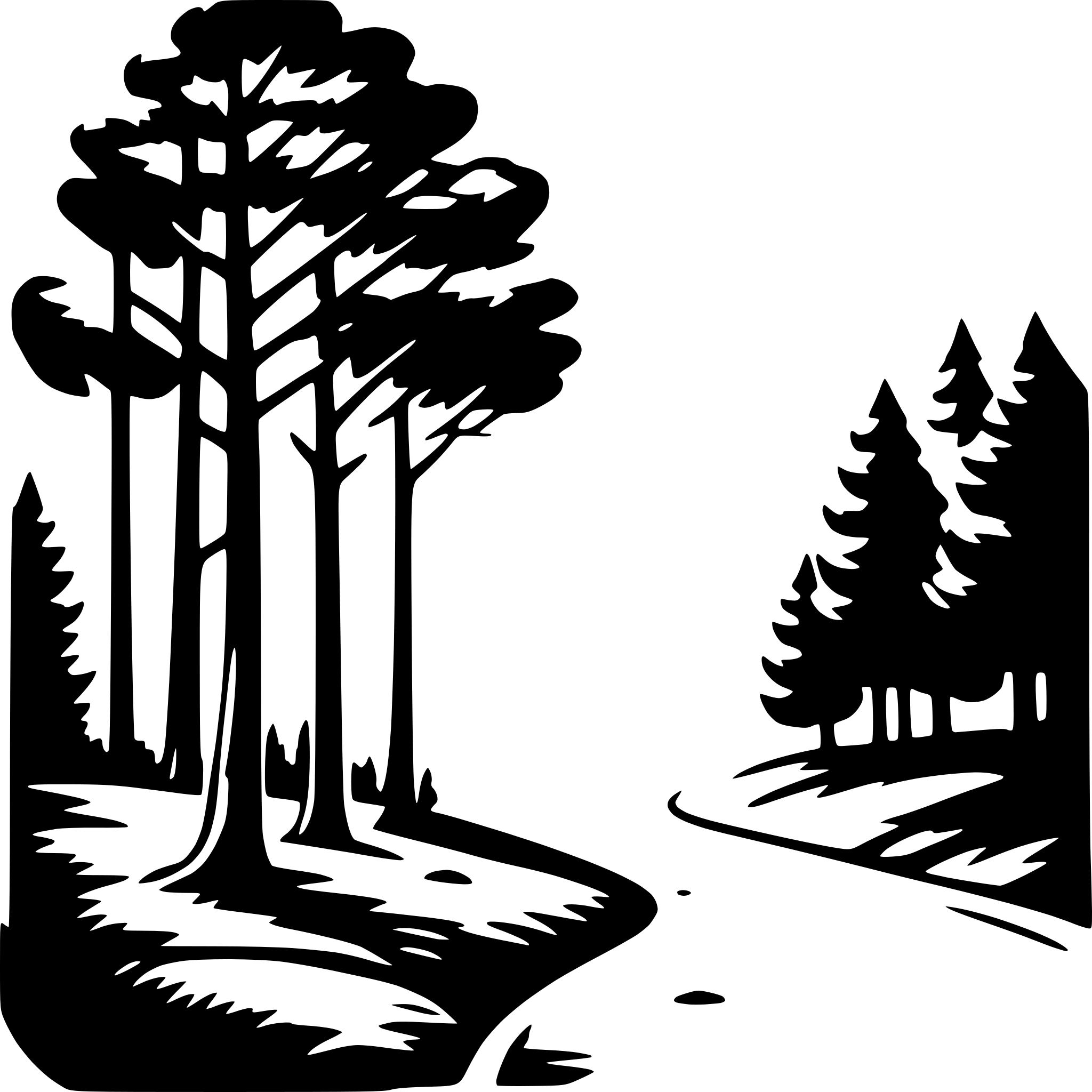 The SVG depicts a stylized forest scene with two main elements: a group of trees on the left and a path leading to a smaller cluster of trees on the right. The trees are silhouetted against a lighter background, with the path appearing to be a winding dirt road. The overall style is minimalistic and graphic, using solid black lines to define the shapes and textures of the trees and the path. The trees are depicted with varying heights and branching patterns, suggesting a natural, organic growth. The path curves gently to the right, inviting the viewer's eye to follow it towards the distant trees. The SVG does not contain any text or additional elements. 