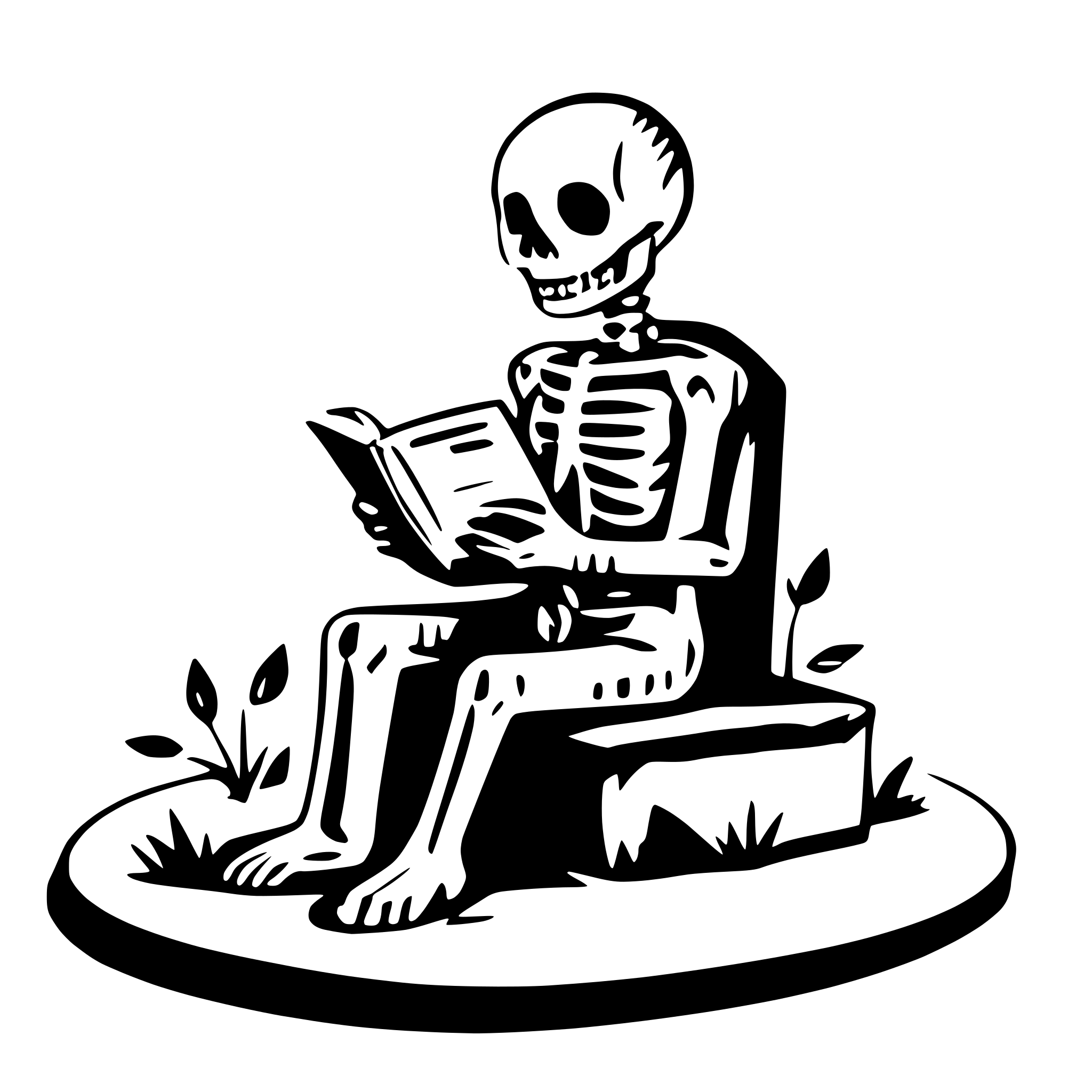 AI-generated SVG of a a skeleton sitting on a grave an reading