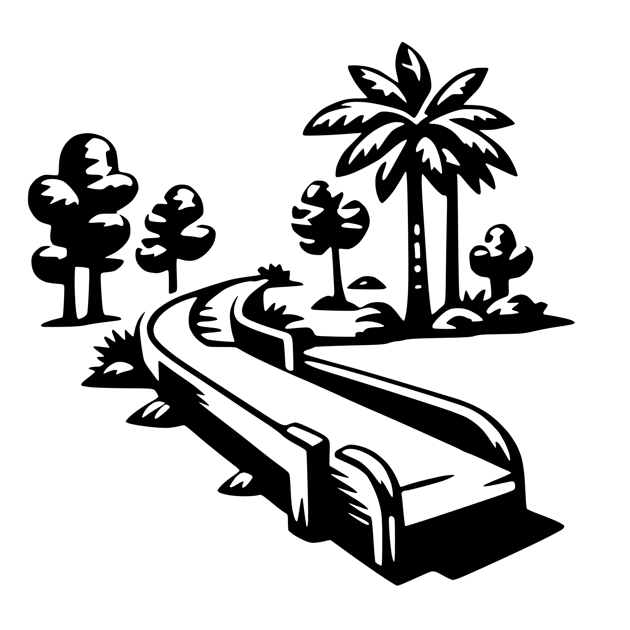 The SVG depicts a stylized, black and white illustration of a road or pathway leading towards a tropical landscape. The pathway is curved and appears to be made of a smooth, possibly concrete or asphalt surface. On either side of the pathway, there are trees with rounded canopies, suggesting a tropical or subtropical setting. The trees are depicted with simple, outline-only shapes, and there are no visible textures or details that would indicate the specific type of tree.

At the end of the pathway, there is a palm tree with a prominent trunk and a fan-like crown, which is a common symbol of a tropical or beach setting. The palm tree is larger than the other trees and is more detailed, with a clearer outline of its leaves.

The overall style of the SVG is minimalistic and cartoonish, with bold outlines and a lack of shading or texture that would give the SVG