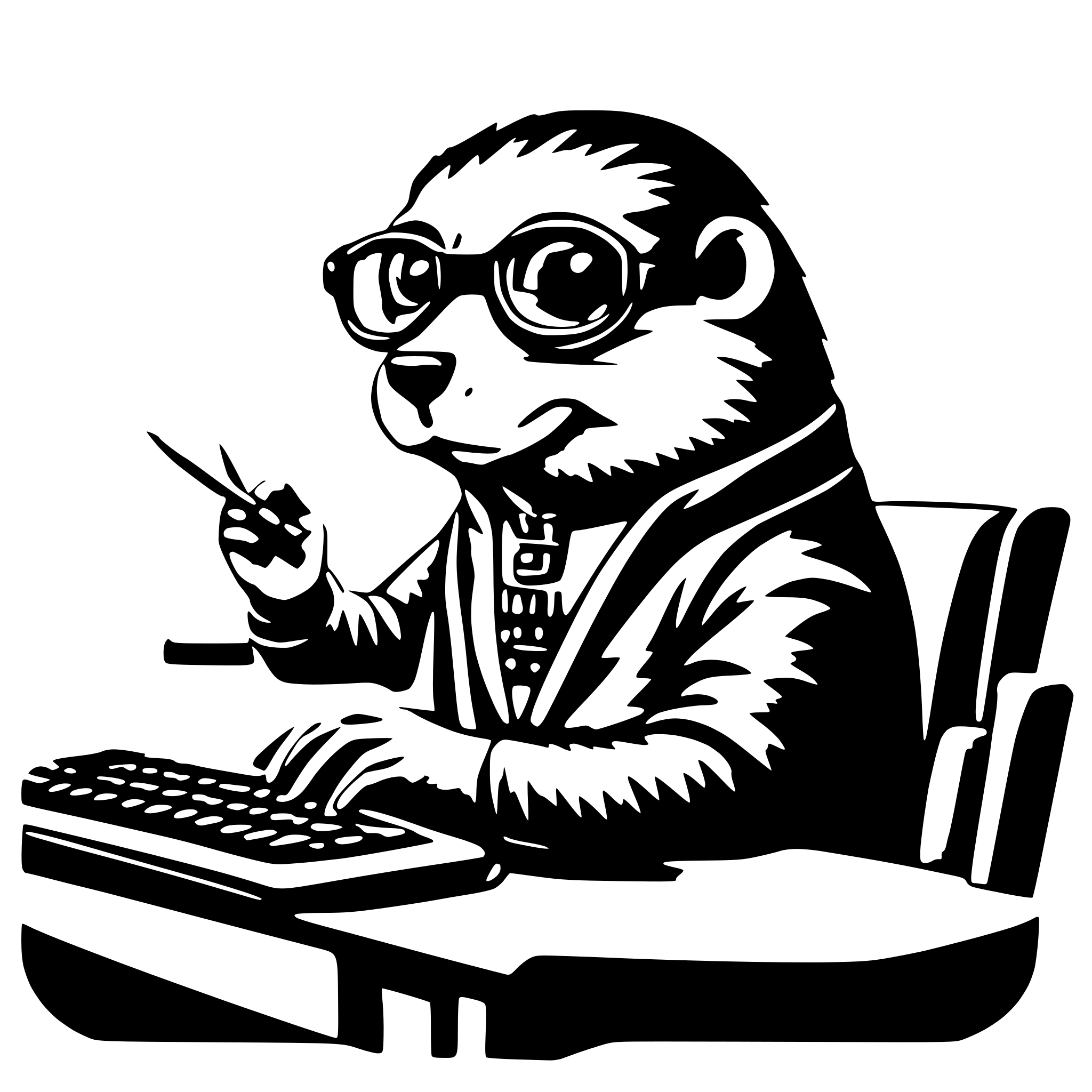 AI-generated SVG of 'A cute smart beaver programmer, in very big huge thick glasses, with very small eyes, almost blind, is trying to write something on the keyboard, sitting in front of a laptop. In the background behind there are many complex software links with arrows, schemes, computer concepts and connecting lines.'