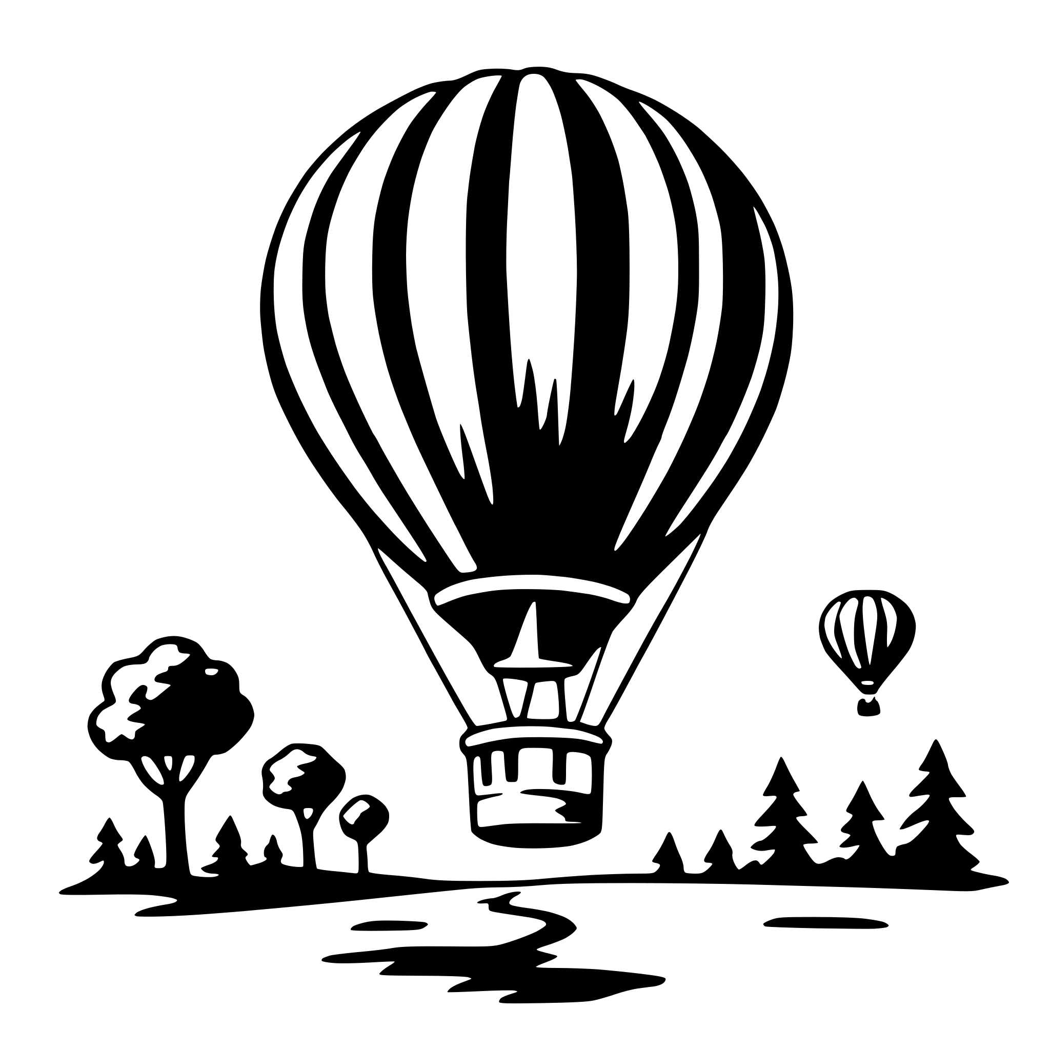 The SVG depicts a stylized scene with a large, hot air balloon ascending into the sky. The balloon is the central object, with its basket and burner visible. Below the balloon, there is a winding path that leads to a small village or town. The village consists of a few trees, a building, and a smaller hot air balloon in the distance, suggesting a sense of scale and depth. The overall impression is one of adventure and exploration, with the balloon symbolizing travel and the village representing a destination or starting point. The SVG is simple and uses a limited color palette, focusing on the contrast between the balloon and the background. 