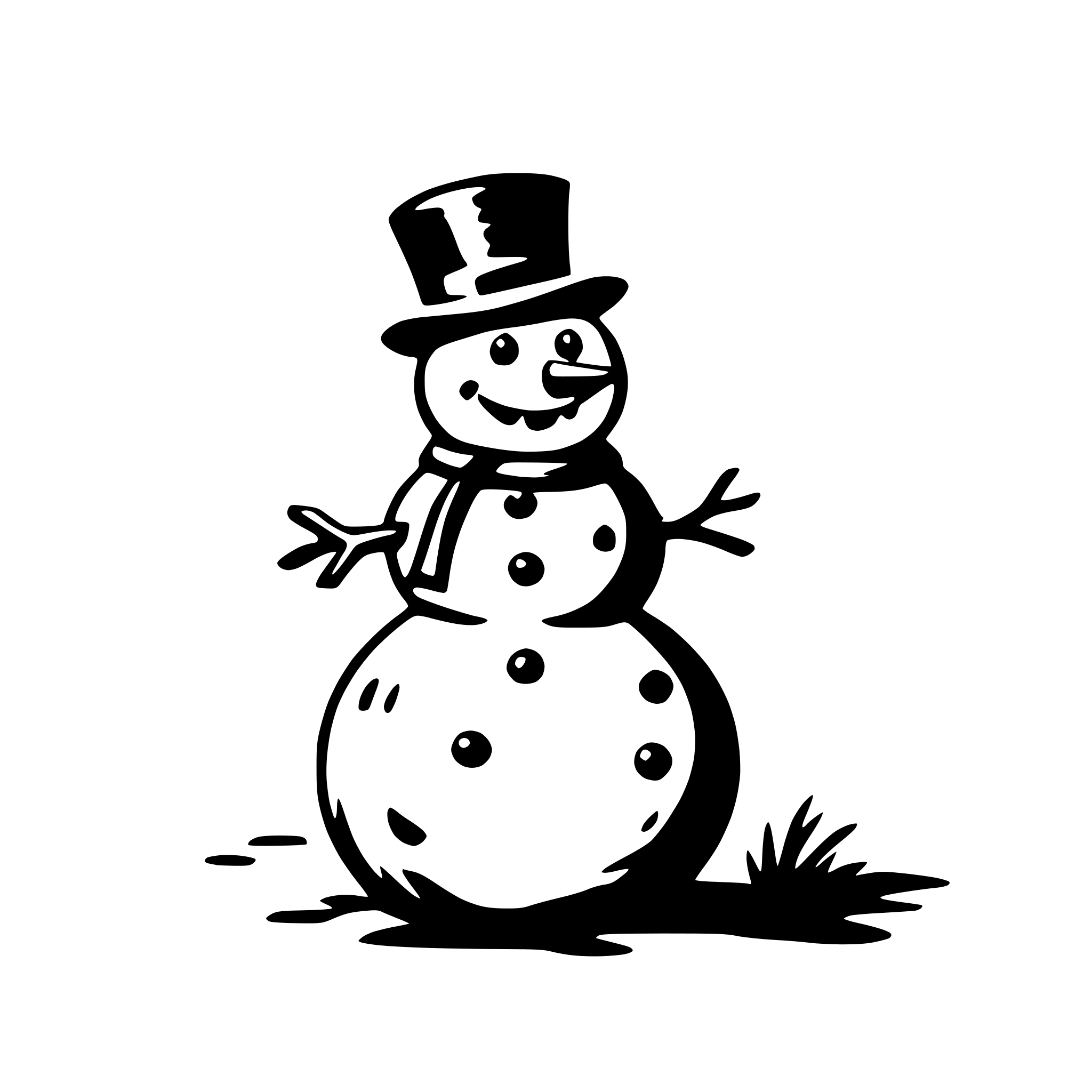 The SVG depicts a simple, cartoon-style illustration of a snowman. The snowman is composed of three distinct sections: a round base, a cylindrical middle, and a smaller round head. The head is adorned with a black top hat and a carrot nose. The snowman has two arms, each ending in a stick-like hand. It is wearing a scarf that is wrapped around its neck. The snowman is standing on a patch of grass, and there is a small tuft of grass to its right. The SVG is black and white, with no color information provided. 