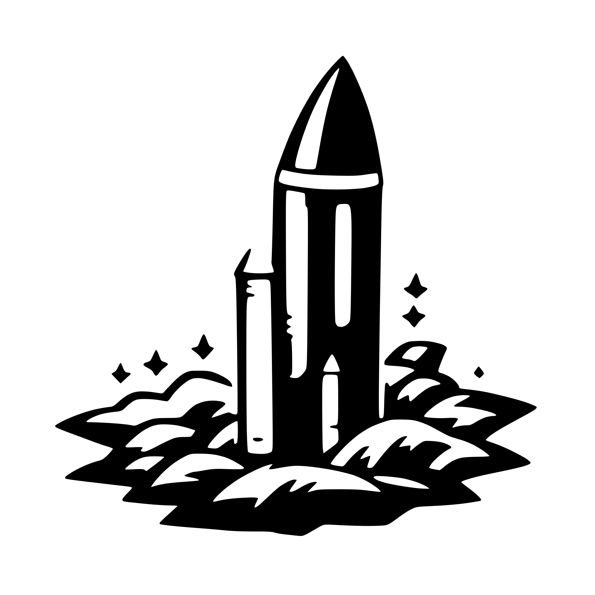 The SVG features a stylized rocket launching from a launchpad. The rocket is depicted with a pointed nose and a cylindrical body, and it is shown in a vertical position, suggesting it is either in the process of launching or has just taken off. The launchpad is represented by a flat surface with a few small details that could be interpreted as cracks or joints. Surrounding the launchpad is a simple, abstract representation of a landscape, with wavy lines that could be interpreted as hills or waves. There are also small dots scattered around the launchpad, which might be intended to represent stars or other celestial bodies. The overall style of the SVG is minimalistic and graphic, with a limited color palette that emphasizes the silhouette of the rocket and the launchpad. 