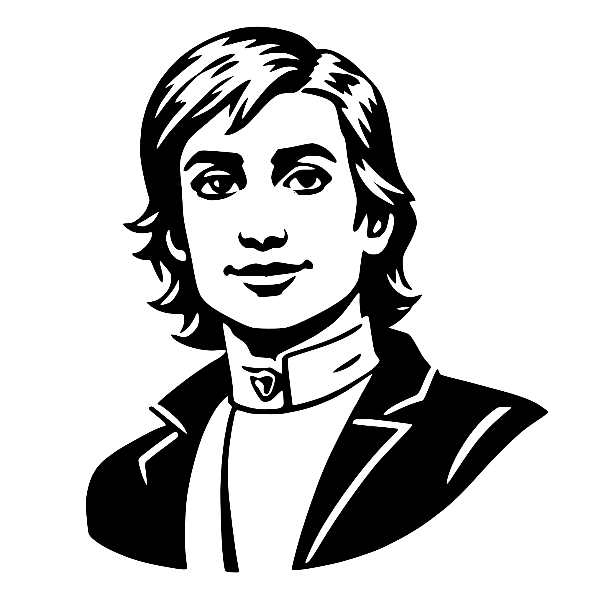 The SVG is a black and white vector illustration of a person's head and shoulders. The person has short hair, a collar, and is wearing a dark jacket. The illustration is stylized with clean lines and lacks detail, giving it a simplistic and iconic appearance. The person is depicted with a neutral expression. 
