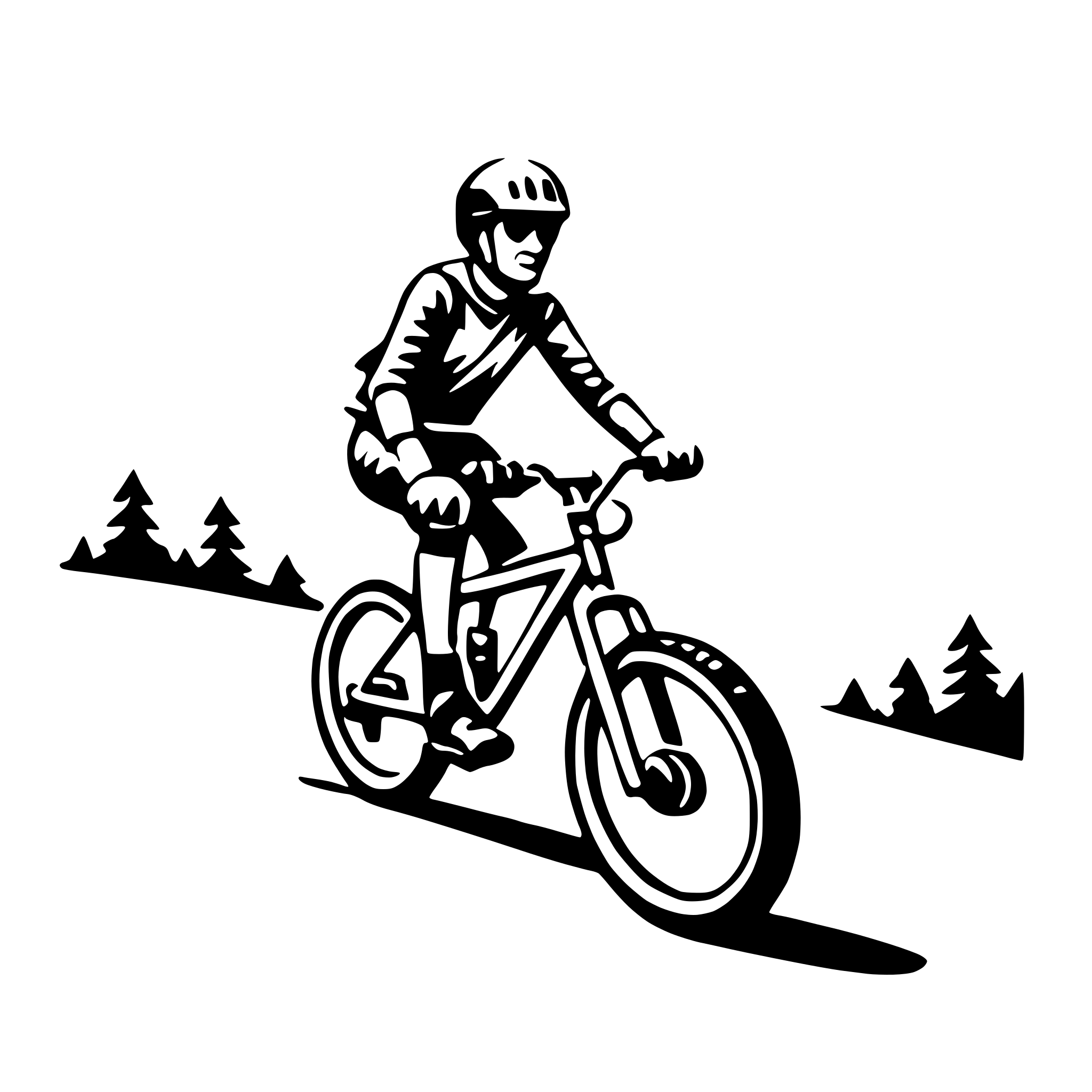 The SVG depicts a stylized black and white illustration of a person riding a bicycle. The rider is wearing a helmet and appears to be in motion, with the bicycle's wheels off the ground, suggesting a sense of speed or momentum. The background features a simple, silhouette-like representation of a forest or wooded area, with trees and a path. The style of the illustration is minimalistic and appears to be designed for a logo or icon, given its simplicity and lack of detail. 